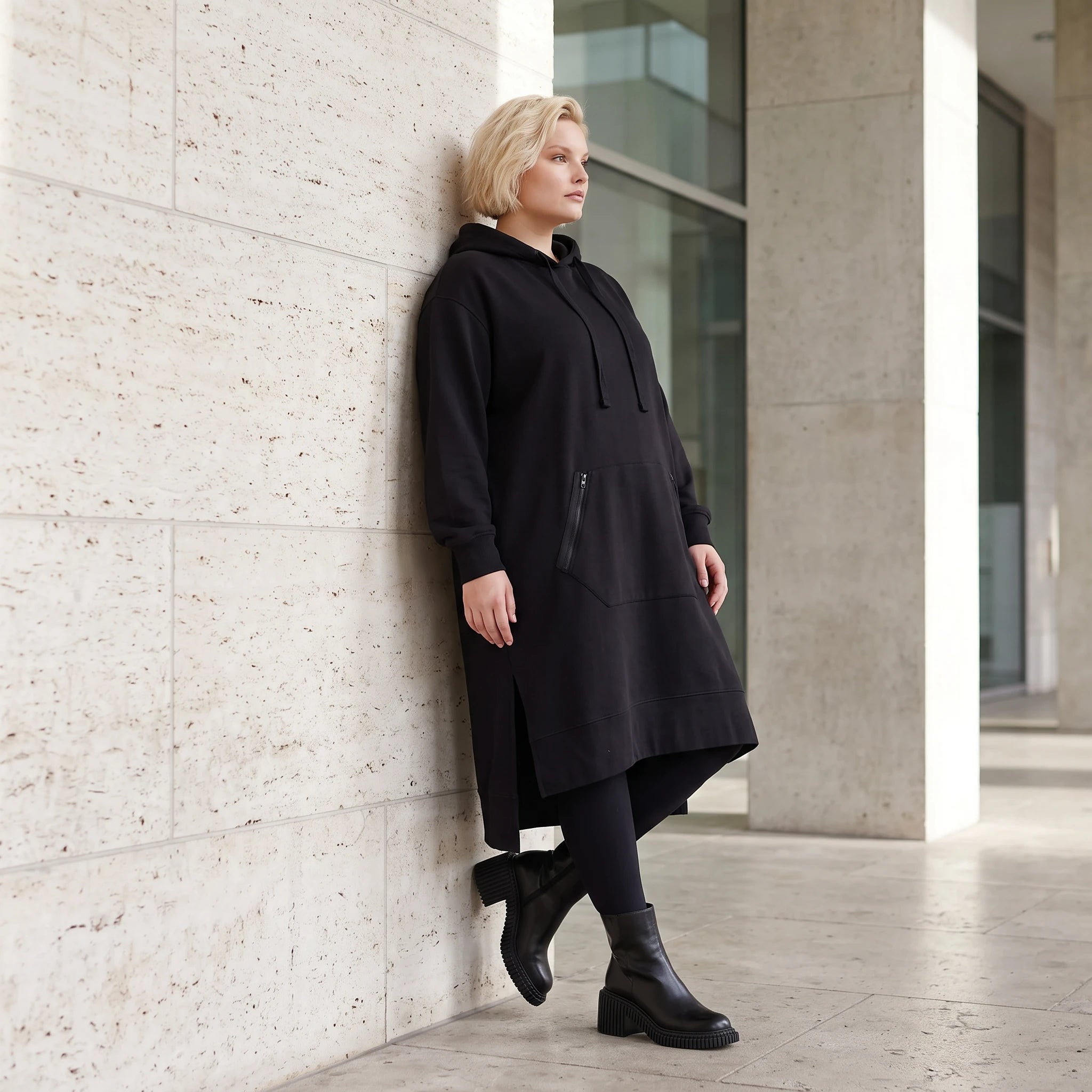 Damen Hoody Lagenlook Baumwolle Schwarz, gerader Schnitt, Kapuze, Oversize große Größen – Rafay