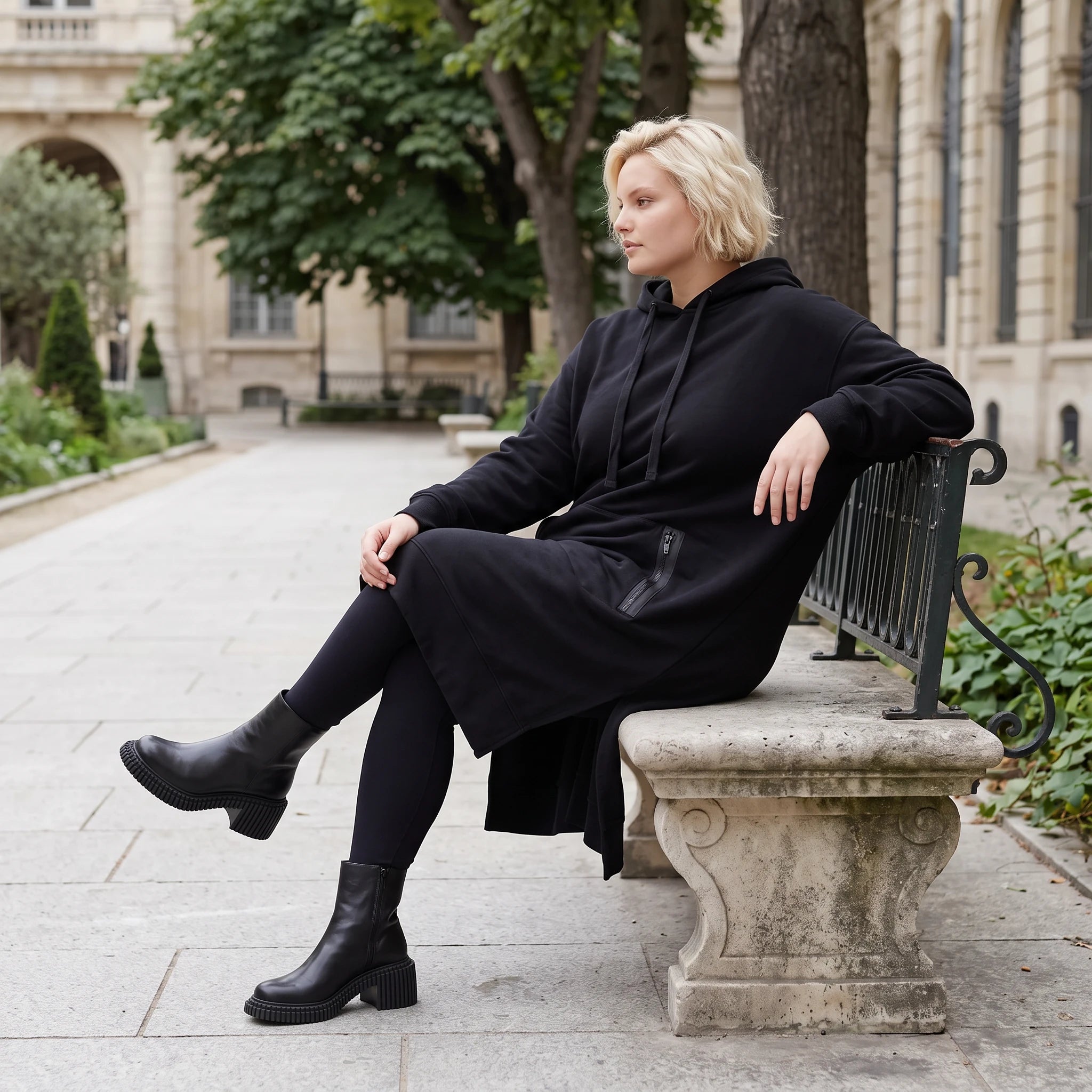 Damen Hoody Lagenlook Baumwolle Schwarz, gerader Schnitt, Kapuze, Oversize große Größen – Rafay