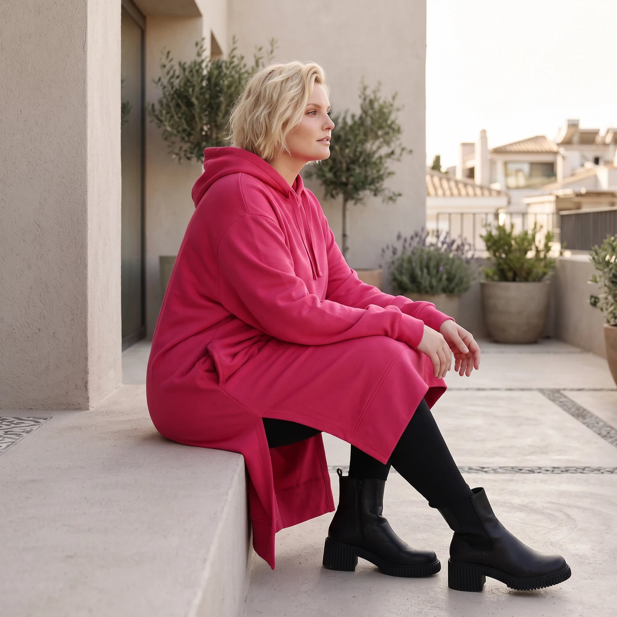 Damen Hoody Lagenlook Baumwolle Pink, gerader Schnitt, Langarm, Kapuze, Oversize große Größen – Rafay