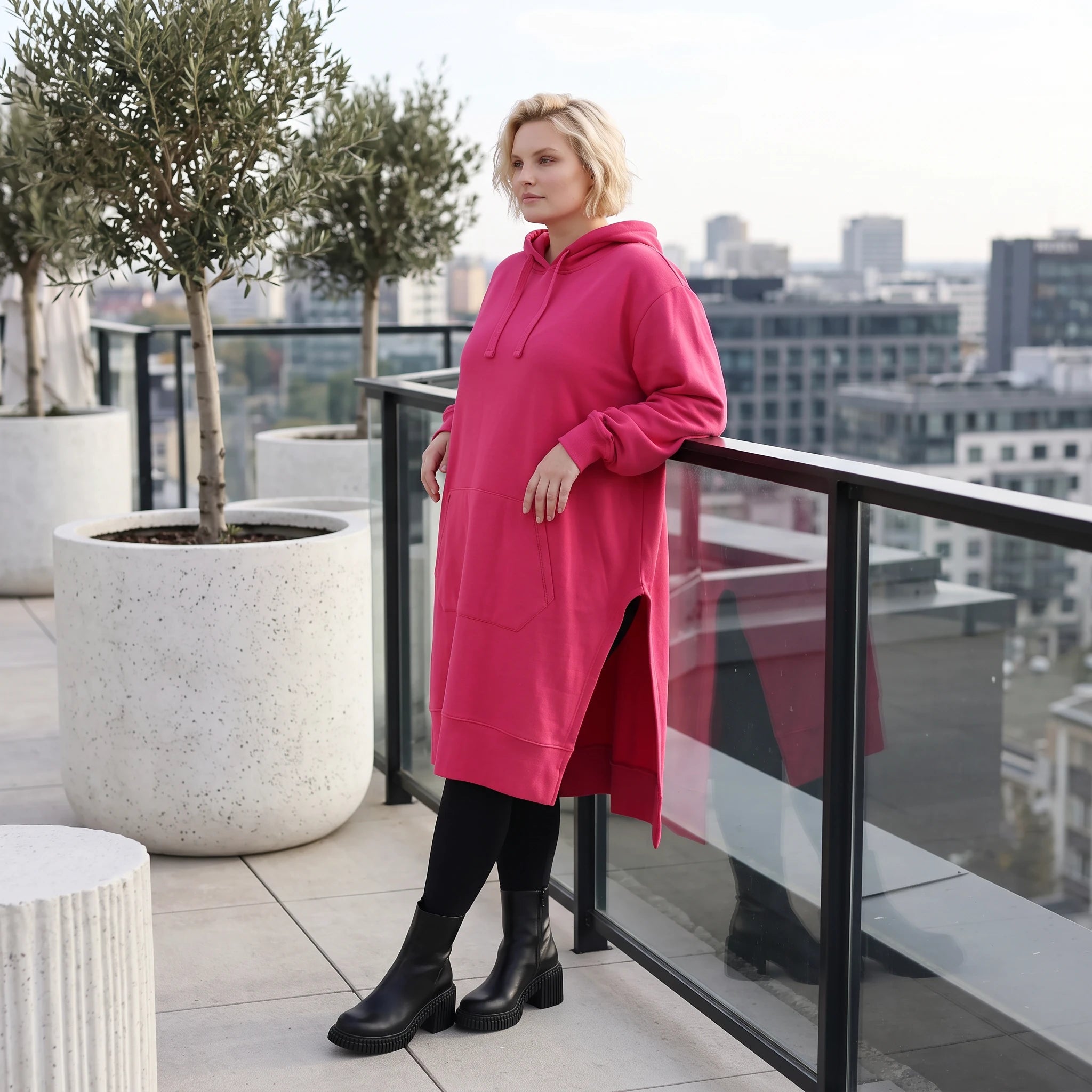 Damen Hoody Lagenlook Baumwolle Pink, gerader Schnitt, Langarm, Kapuze, Oversize große Größen – Rafay
