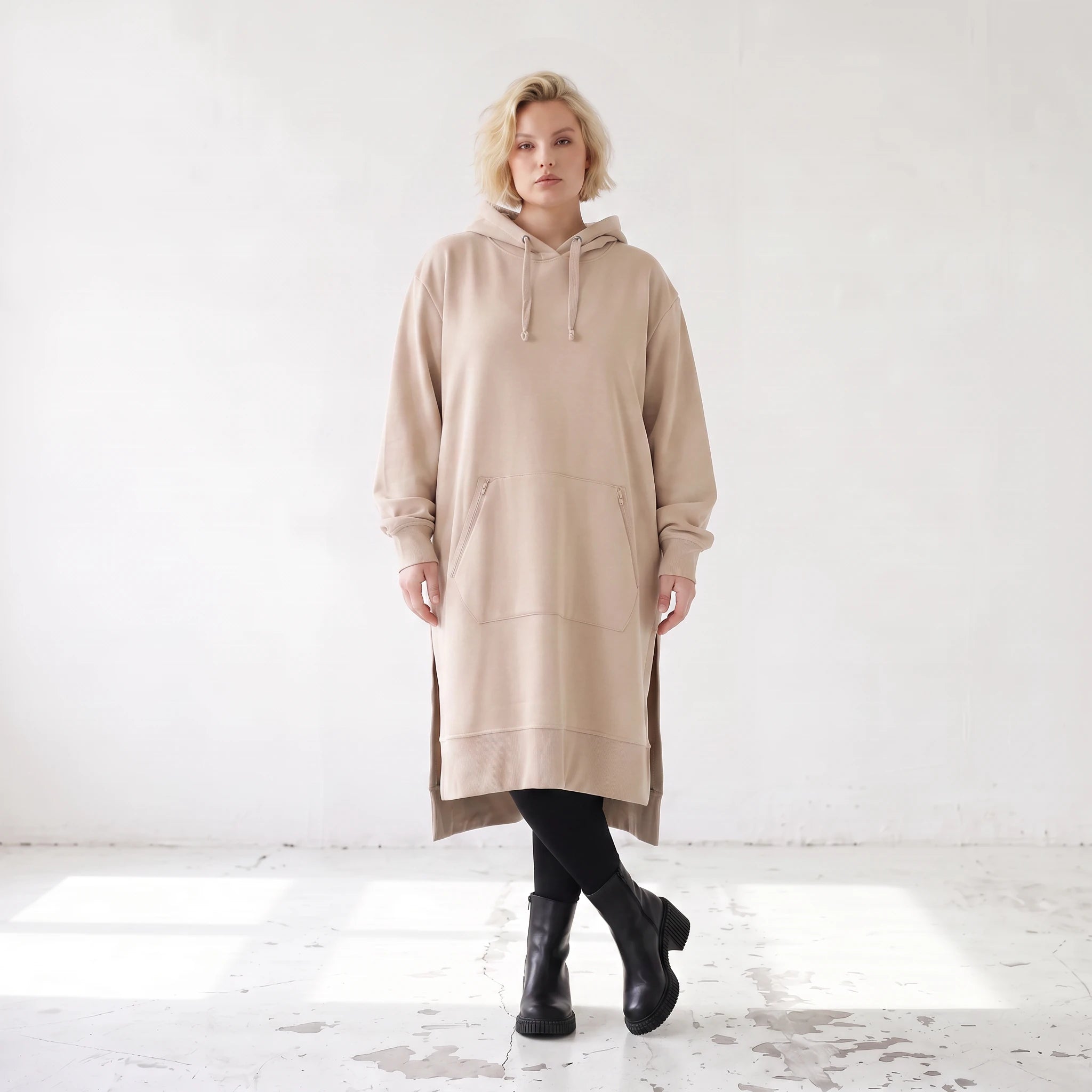 Damen Hoody Lagenlook Baumwolle Sand, gerader Schnitt, Kapuze, Oversize große Größen – Rafay