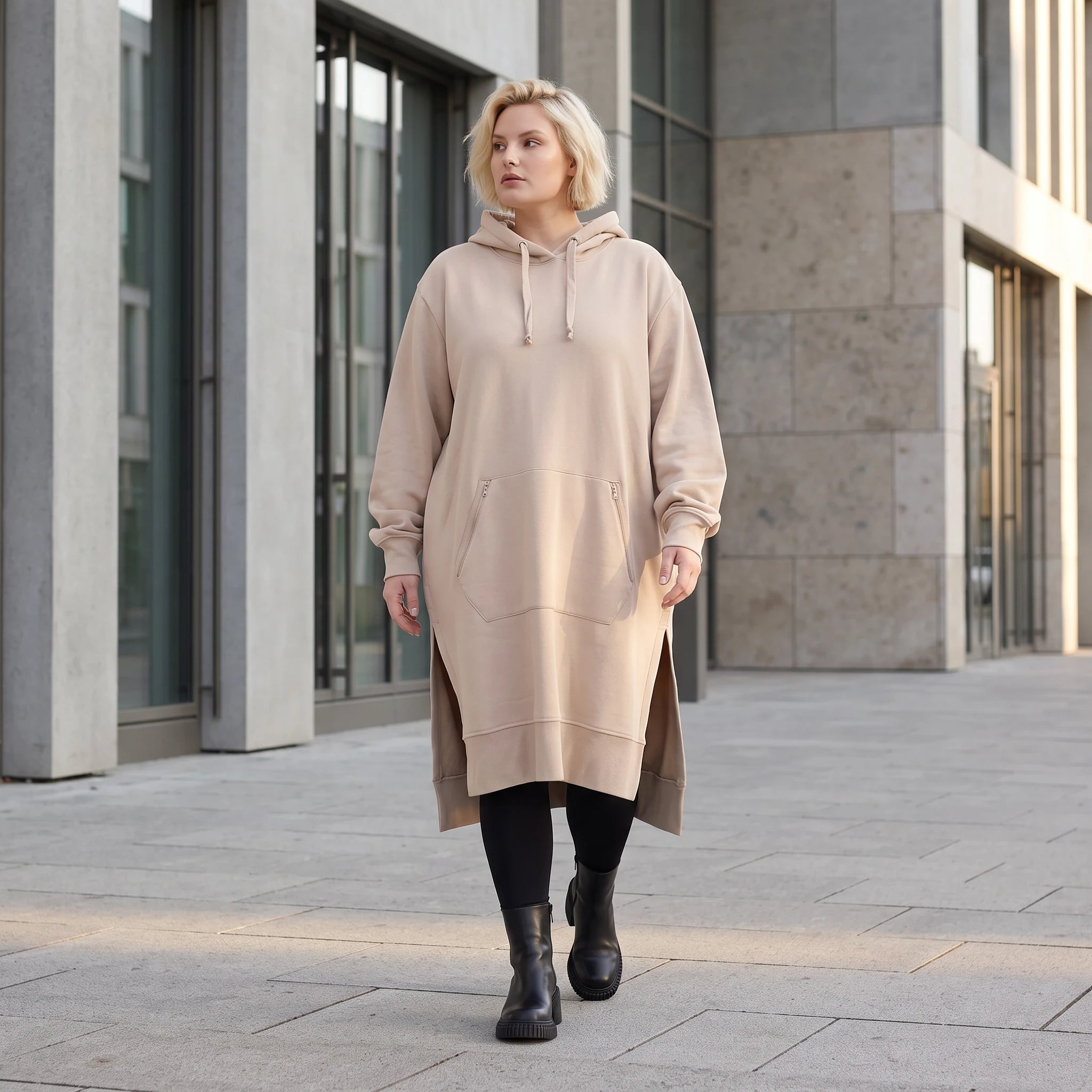 Damen Hoody Lagenlook Baumwolle Sand, gerader Schnitt, Kapuze, Oversize große Größen – Rafay