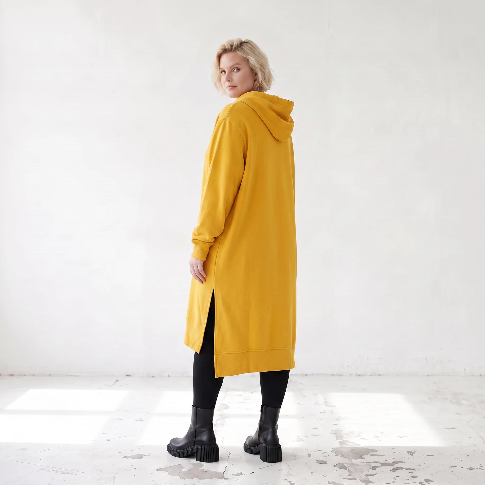 Damen Hoody Lagenlook Baumwolle Senfgelb, gerader Schnitt, Kapuze, Oversize große Größen – Rafay