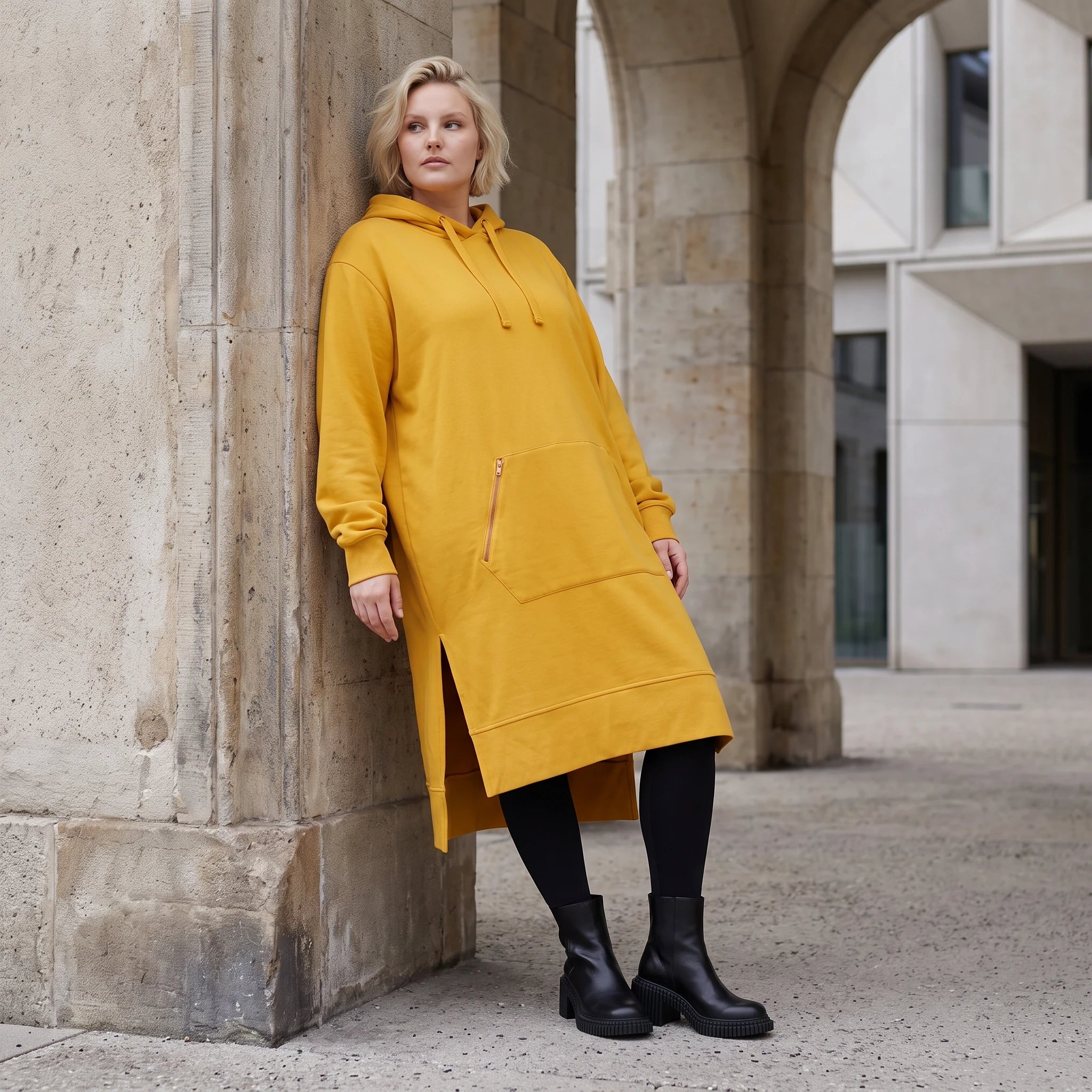 Damen Hoody Lagenlook Baumwolle Senfgelb, gerader Schnitt, Kapuze, Oversize große Größen – Rafay