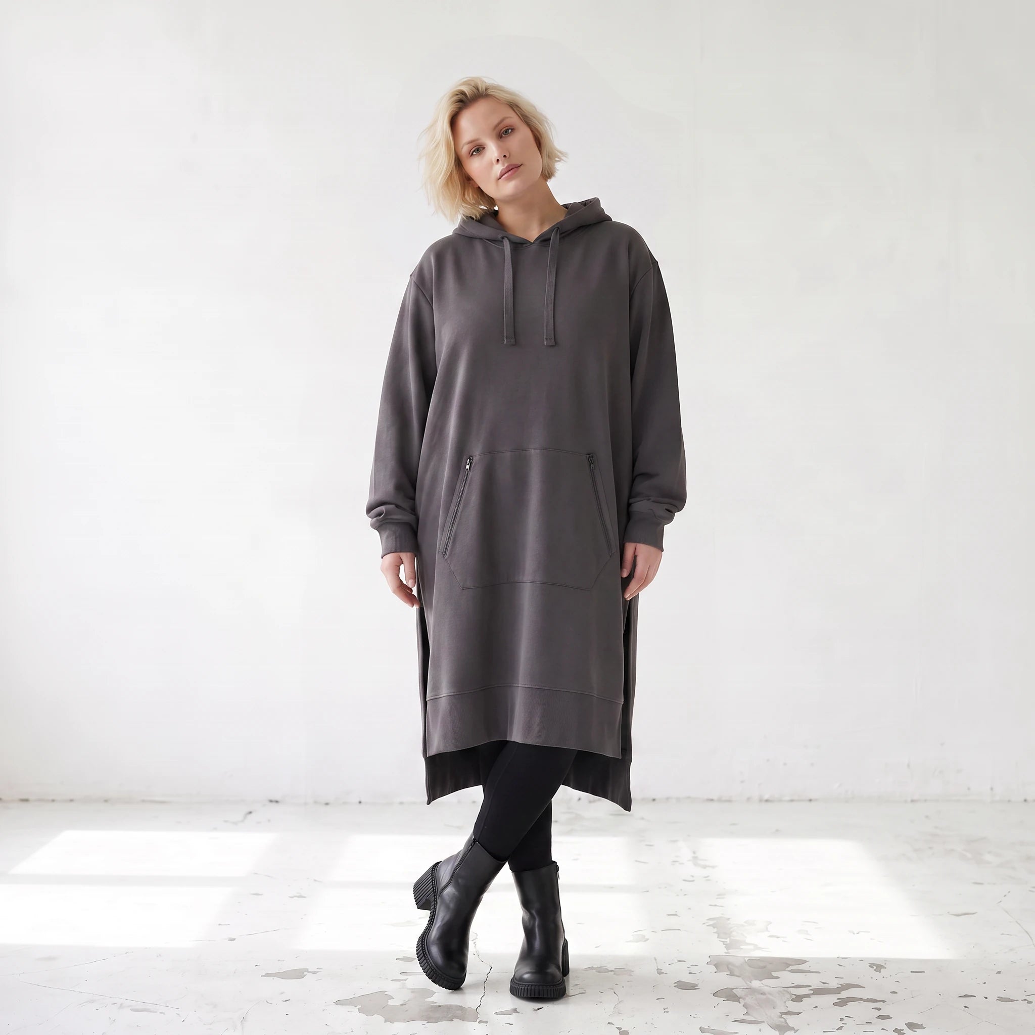 Damen Hoody Lagenlook Baumwolle Dunkelgrau, gerader Schnitt, Kapuze, Oversize große Größen – Rafay