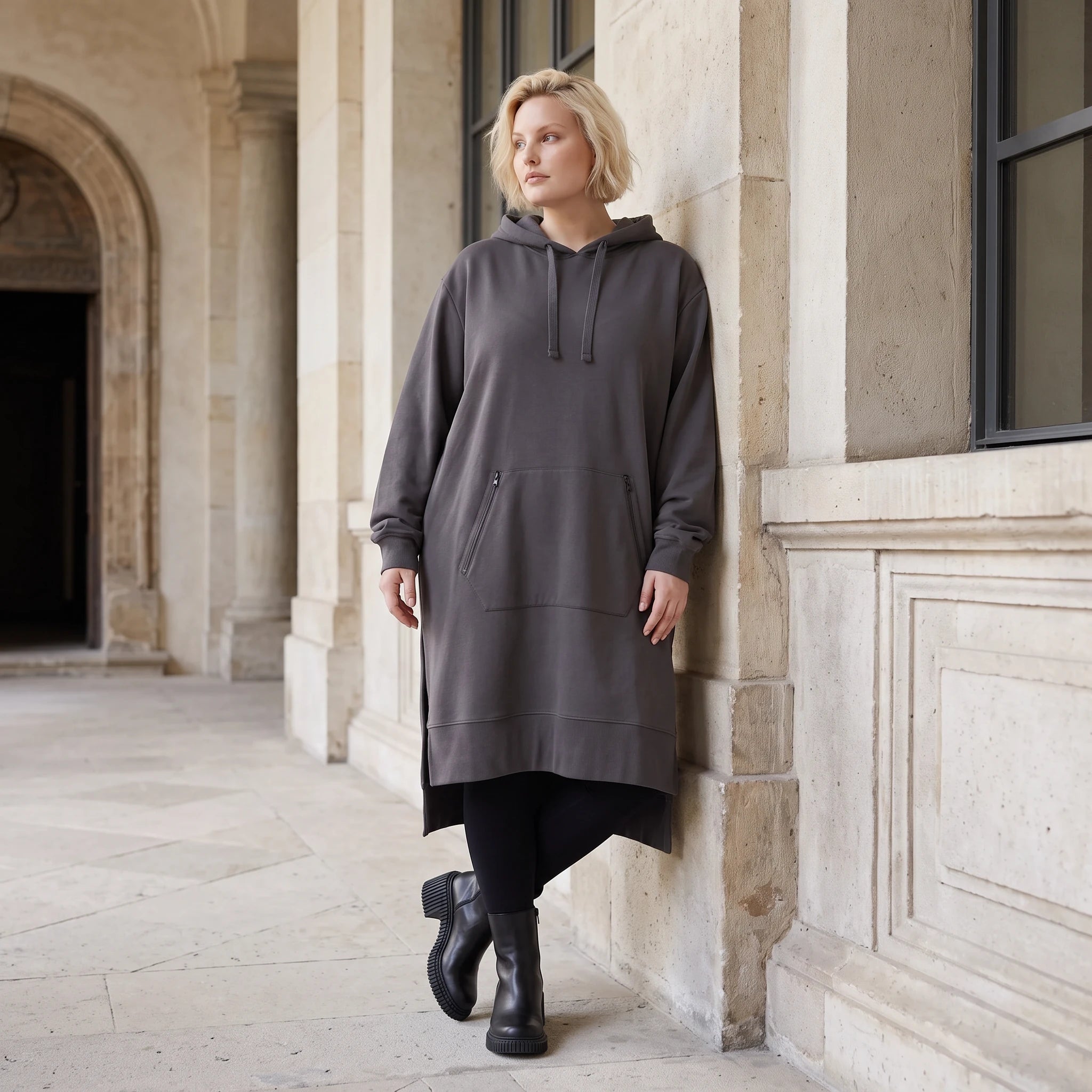 Damen Hoody Lagenlook Baumwolle Dunkelgrau, gerader Schnitt, Kapuze, Oversize große Größen – Rafay
