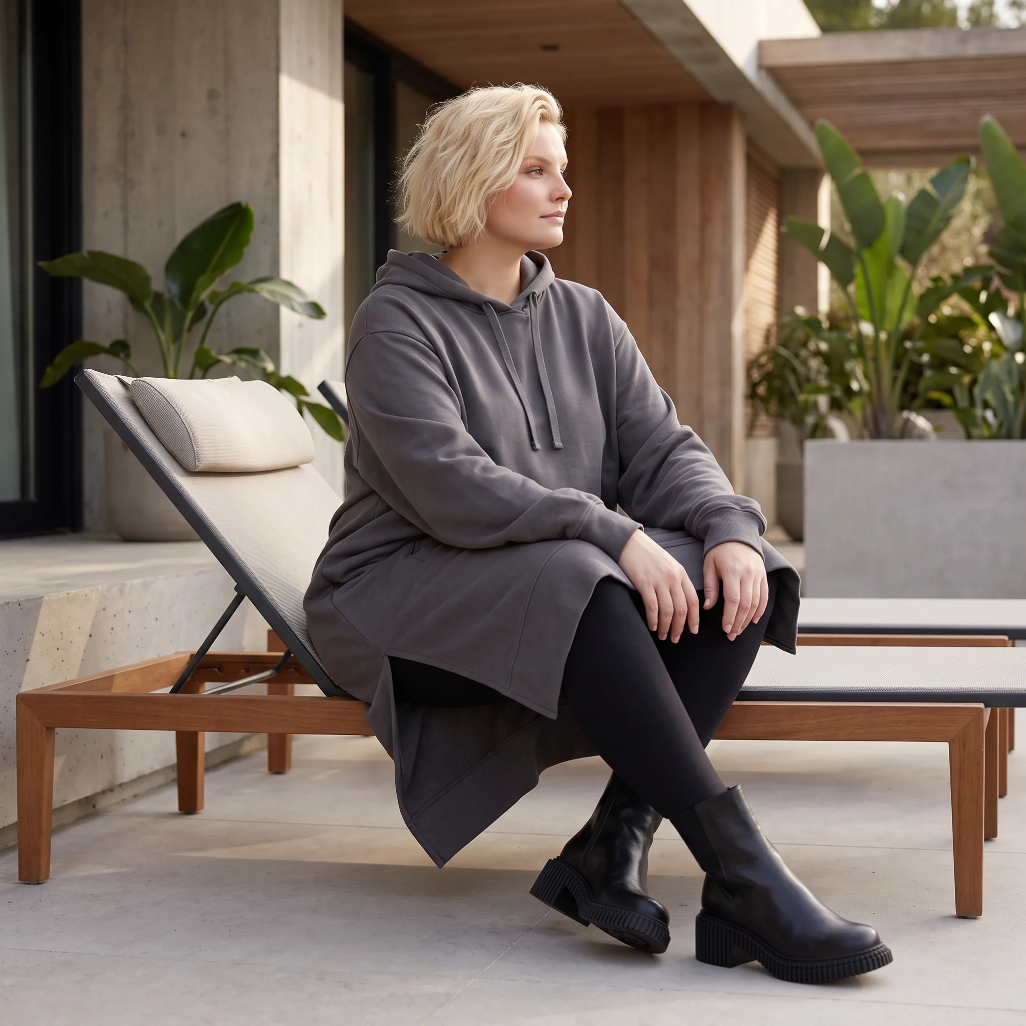 Damen Hoody Lagenlook Baumwolle Dunkelgrau, gerader Schnitt, Kapuze, Oversize große Größen – Rafay