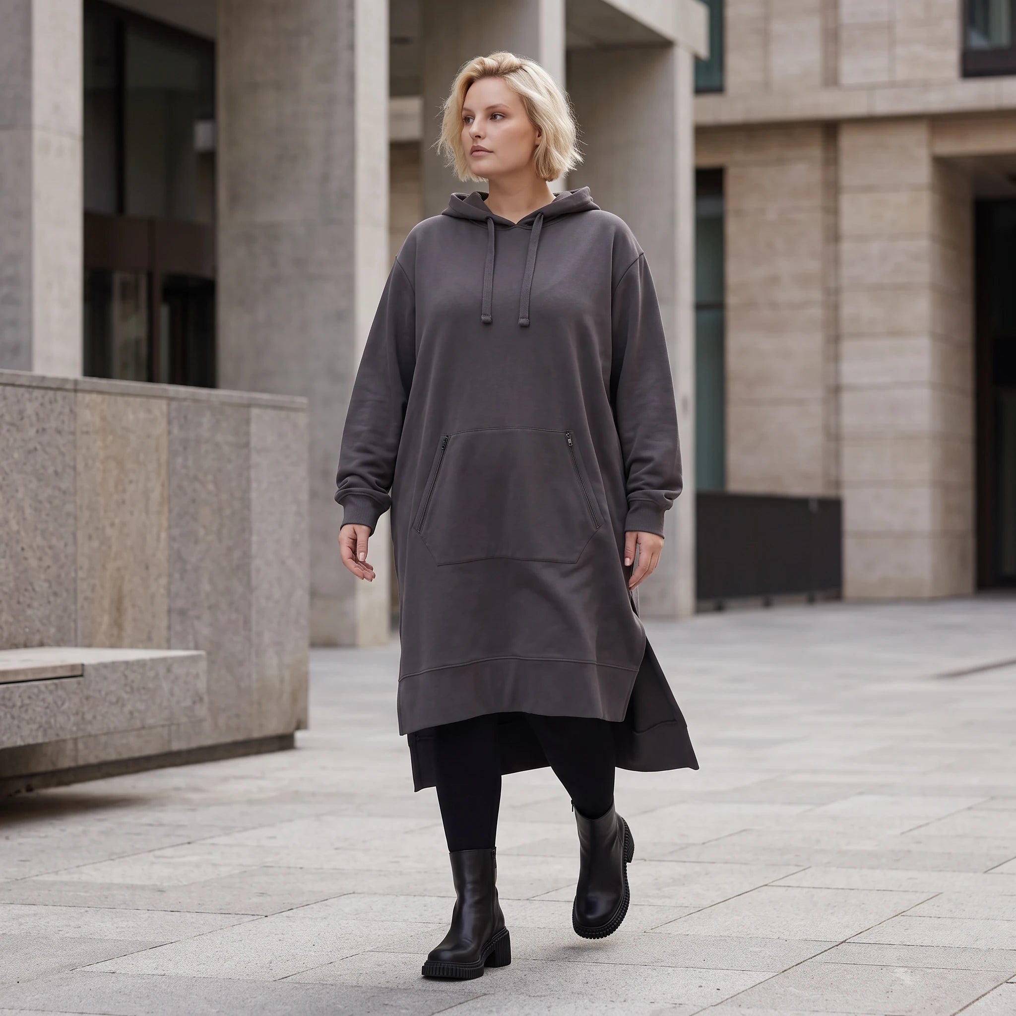 Damen Hoody Lagenlook Baumwolle Dunkelgrau, gerader Schnitt, Kapuze, Oversize große Größen – Rafay