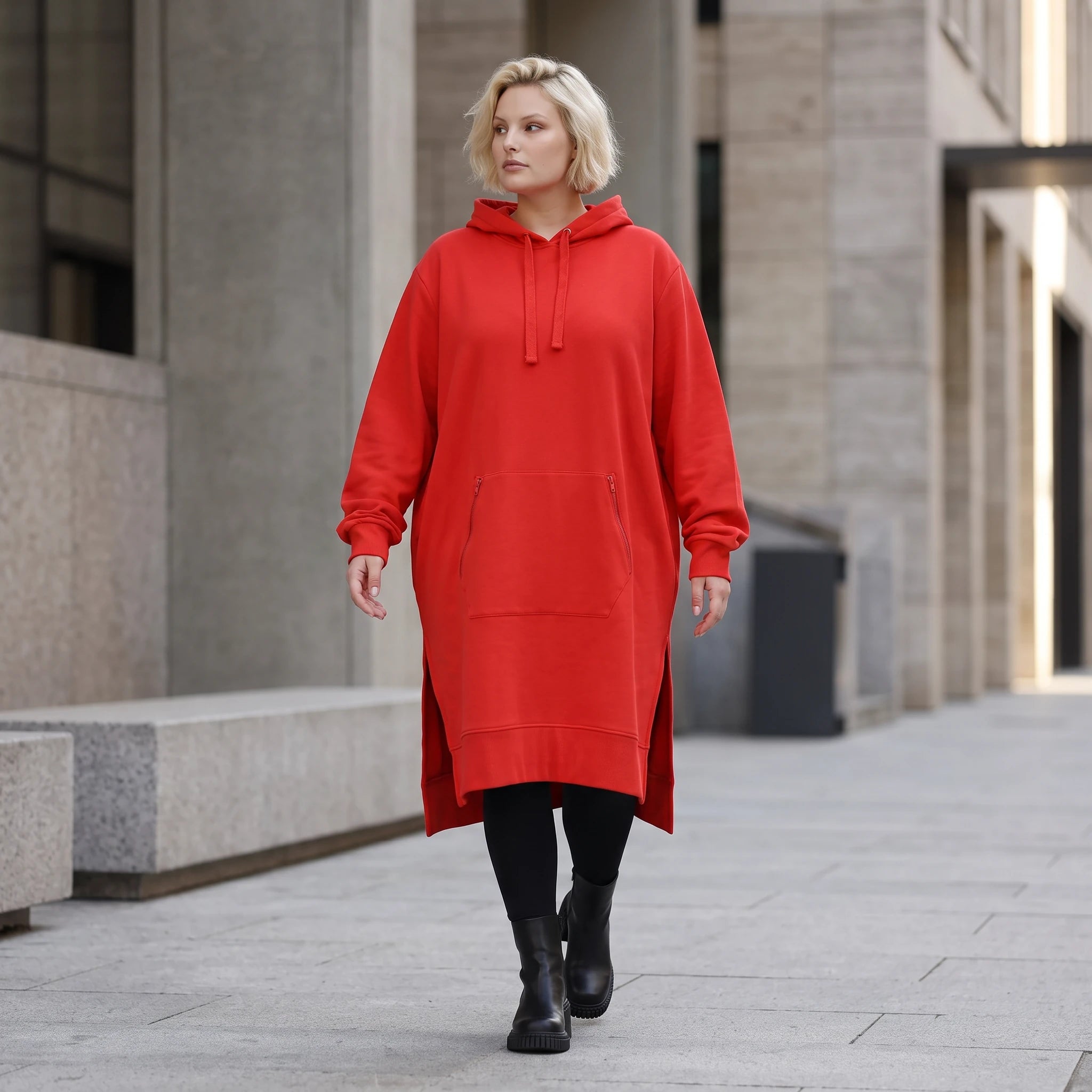 Damen Hoody Lagenlook Baumwolle Rot, gerader Schnitt, Kapuze, Oversize große Größen – Rafay