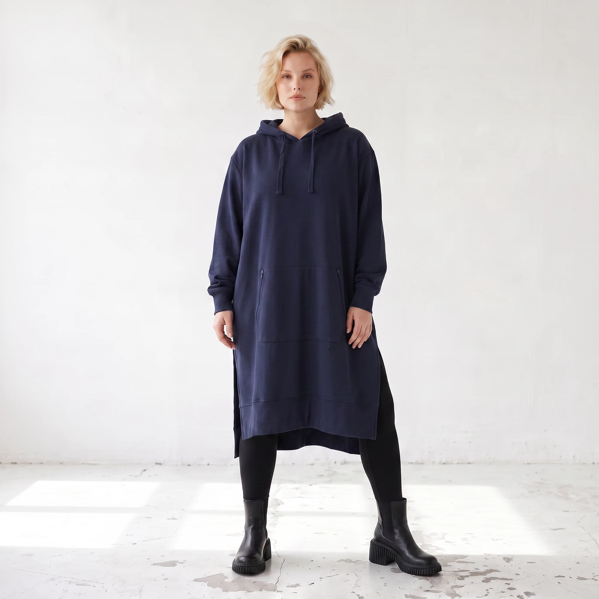 Damen Hoody Lagenlook Baumwolle Dunkelblau, gerader Schnitt, Langarm, Kapuze, Oversize große Größen – Rafay