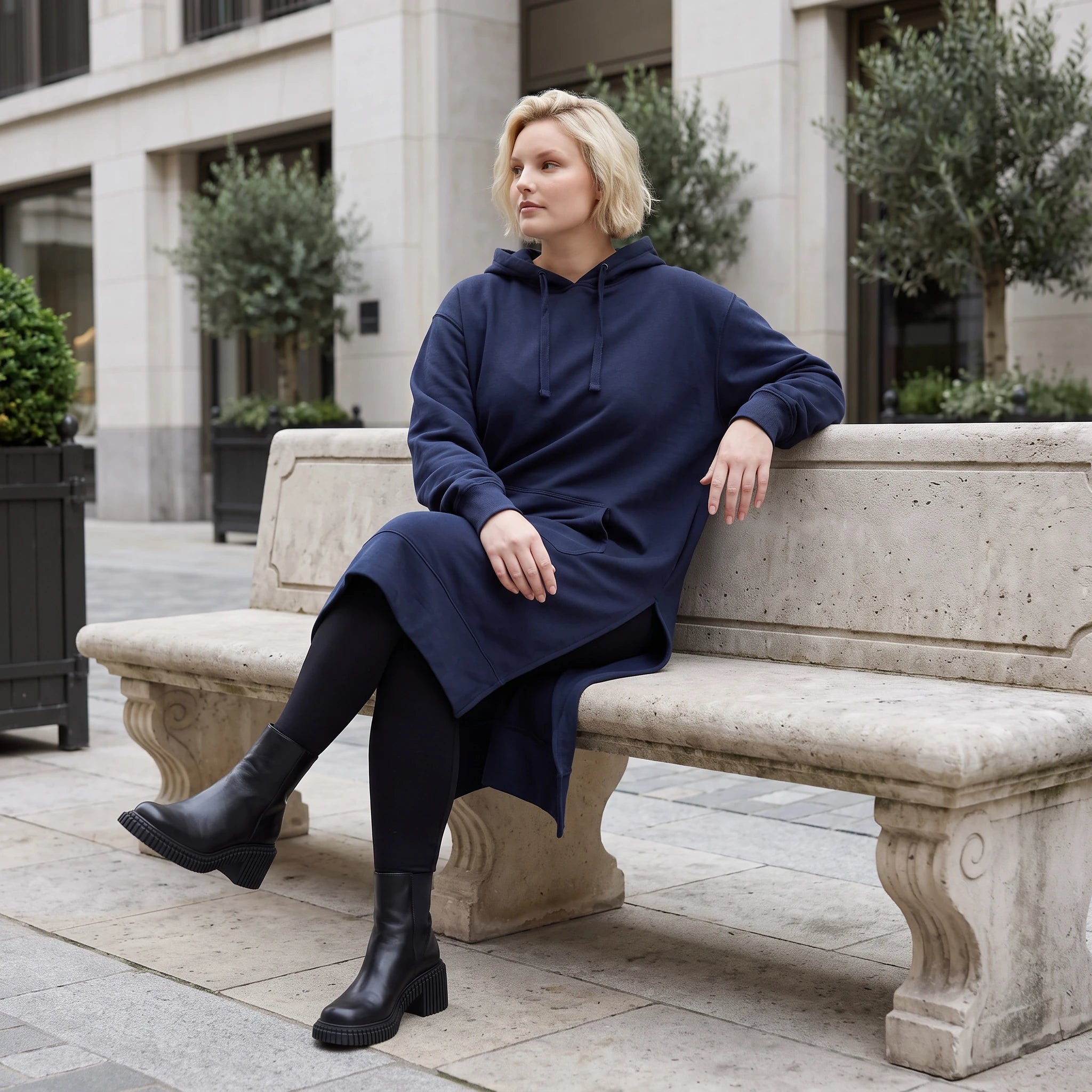 Damen Hoody Lagenlook Baumwolle Dunkelblau, gerader Schnitt, Langarm, Kapuze, Oversize große Größen – Rafay