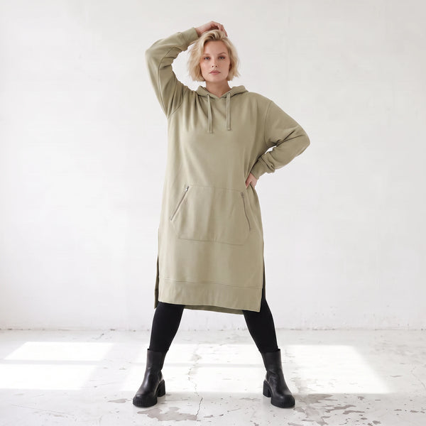 Damen Hoody Lagenlook Baumwolle Beige, gerader Schnitt, Langarm, Kapuze, Oversize große Größen – Rafay