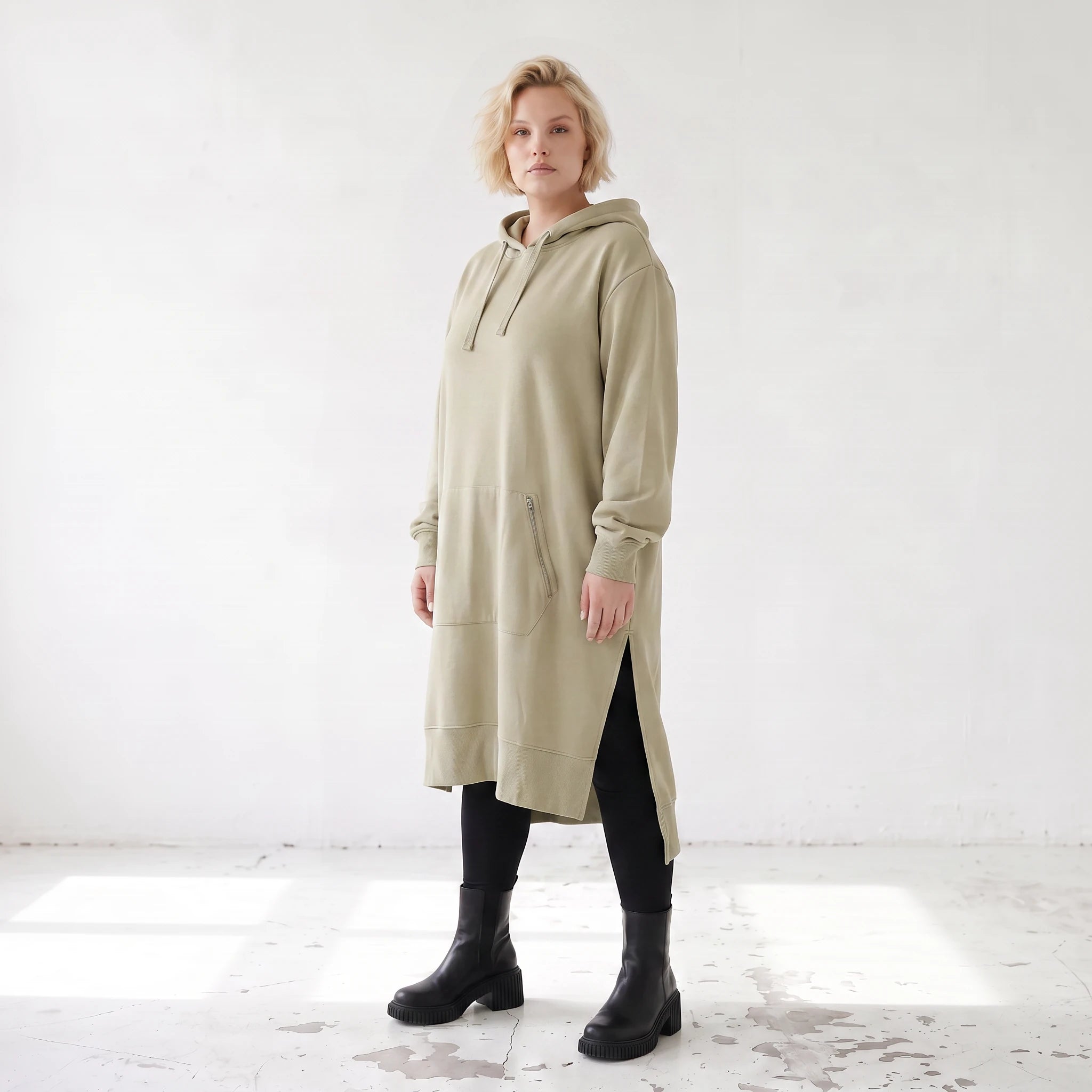Damen Hoody Lagenlook Baumwolle Beige, gerader Schnitt, Langarm, Kapuze, Oversize große Größen – Rafay