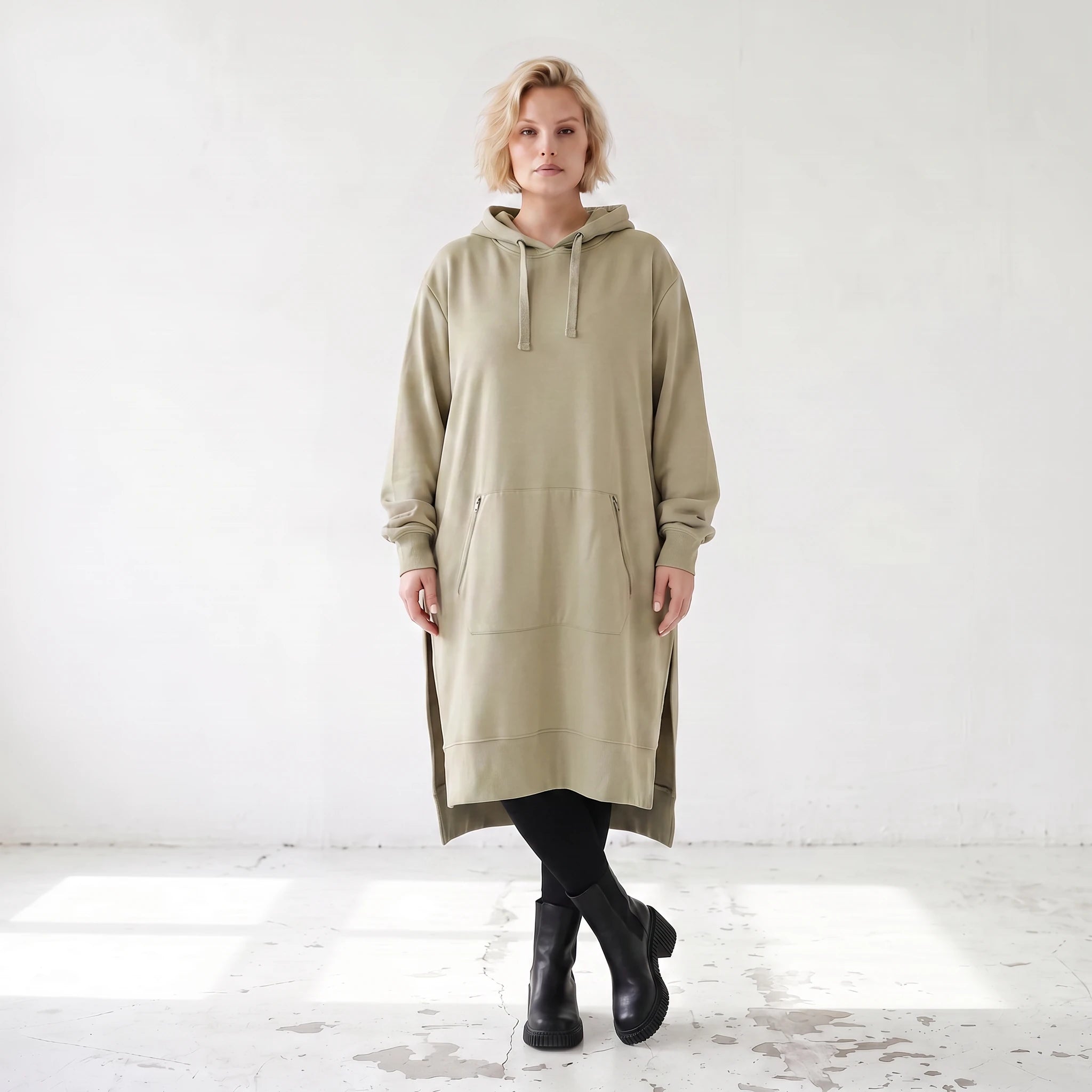Damen Hoody Lagenlook Baumwolle Beige, gerader Schnitt, Langarm, Kapuze, Oversize große Größen – Rafay