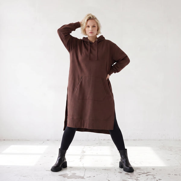 Damen Hoody Lagenlook Baumwolle Schokobraun, gerader Schnitt, Langarm, Kapuze, Oversize große Größen – Rafay