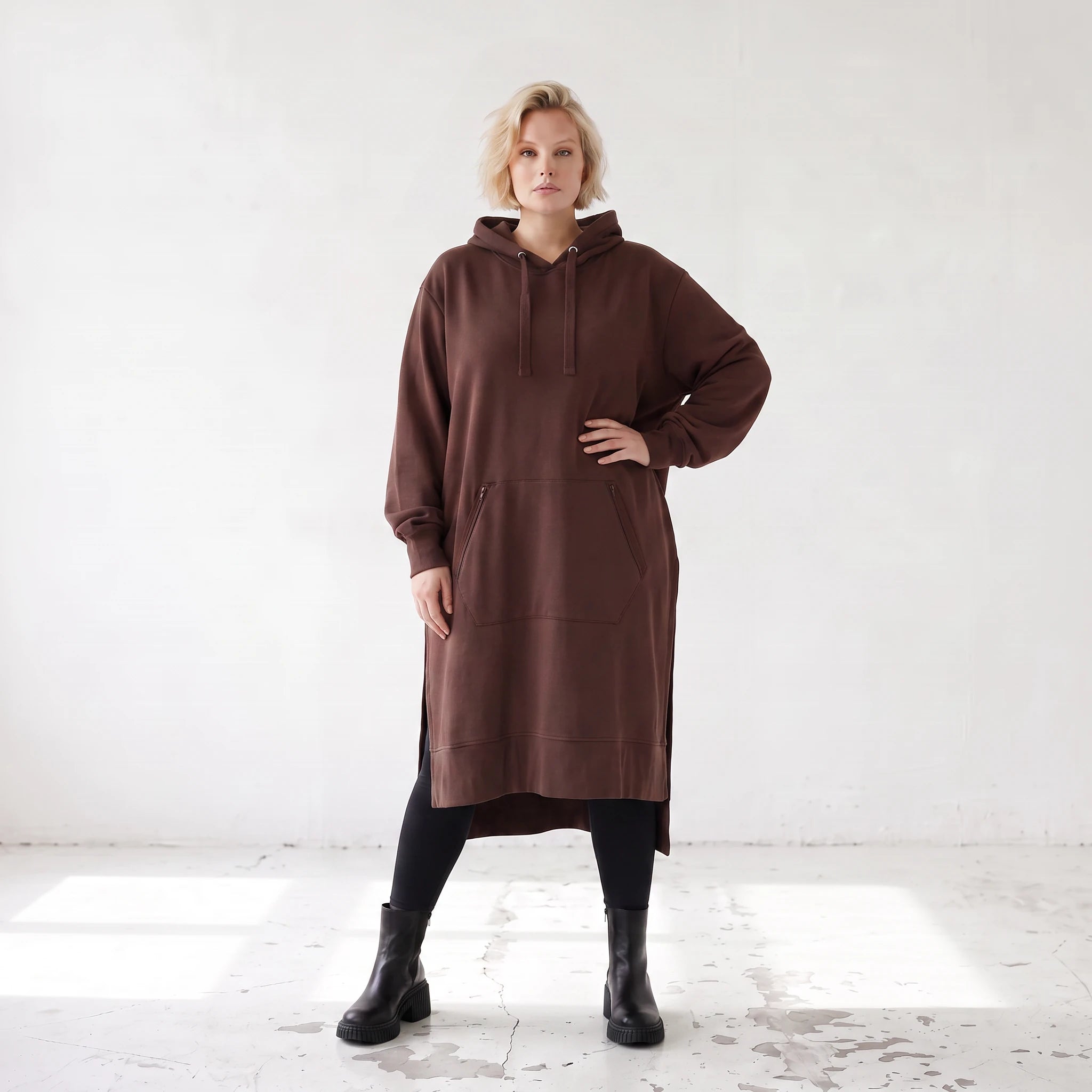 Damen Hoody Lagenlook Baumwolle Schokobraun, gerader Schnitt, Langarm, Kapuze, Oversize große Größen – Rafay