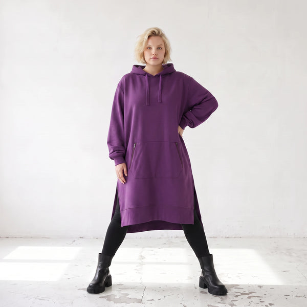 Damen Hoody Lagenlook Baumwolle Lila, gerader Schnitt, Langarm, Kapuze, Oversize große Größen – Rafay