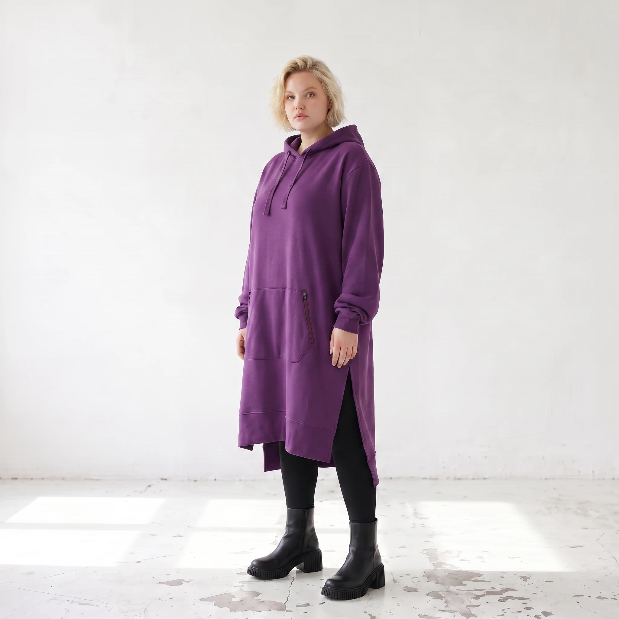 Damen Hoody Lagenlook Baumwolle Lila, gerader Schnitt, Langarm, Kapuze, Oversize große Größen – Rafay