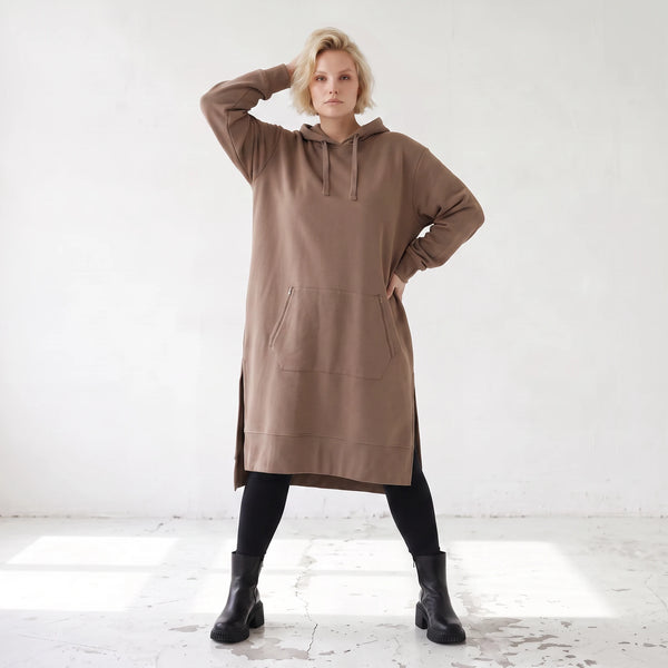 Damen Hoody Lagenlook Baumwolle Braun, gerader Schnitt, Langarm, Kapuze, Oversize große Größen – Rafay
