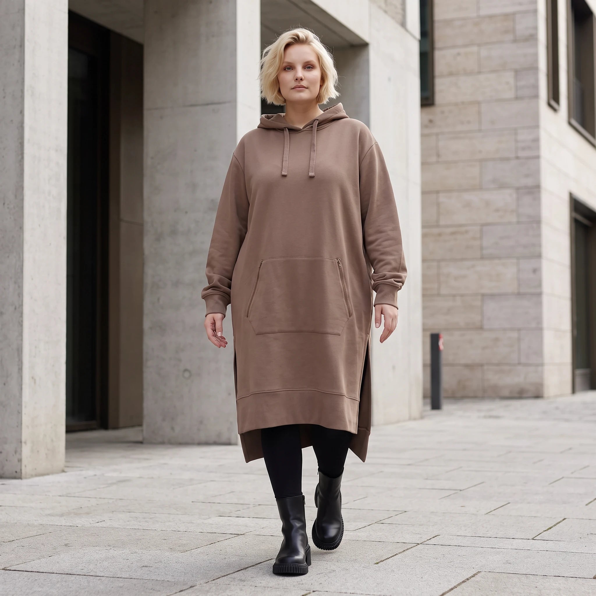 Damen Hoody Lagenlook Baumwolle Braun, gerader Schnitt, Langarm, Kapuze, Oversize große Größen – Rafay