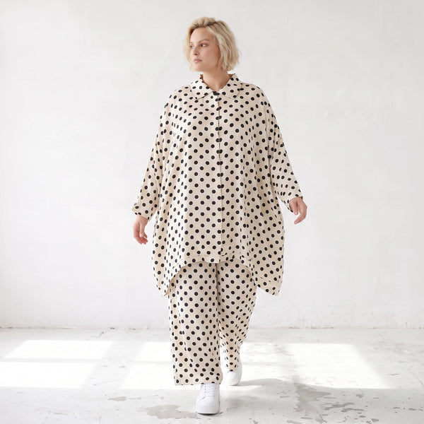 Damen Bluse Lagenlook Viskose Weiß/Schwarz, A-Linie, Punkte, Knopfleiste, Oversize große Größen – AKH Premium
