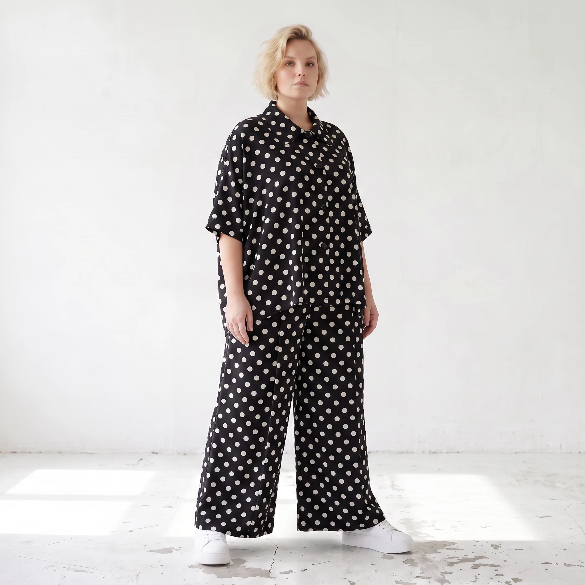 Damen Hose Lagenlook Viskose Schwarz/Weiß, Punkte, Oversize große Größen – AKH Premium