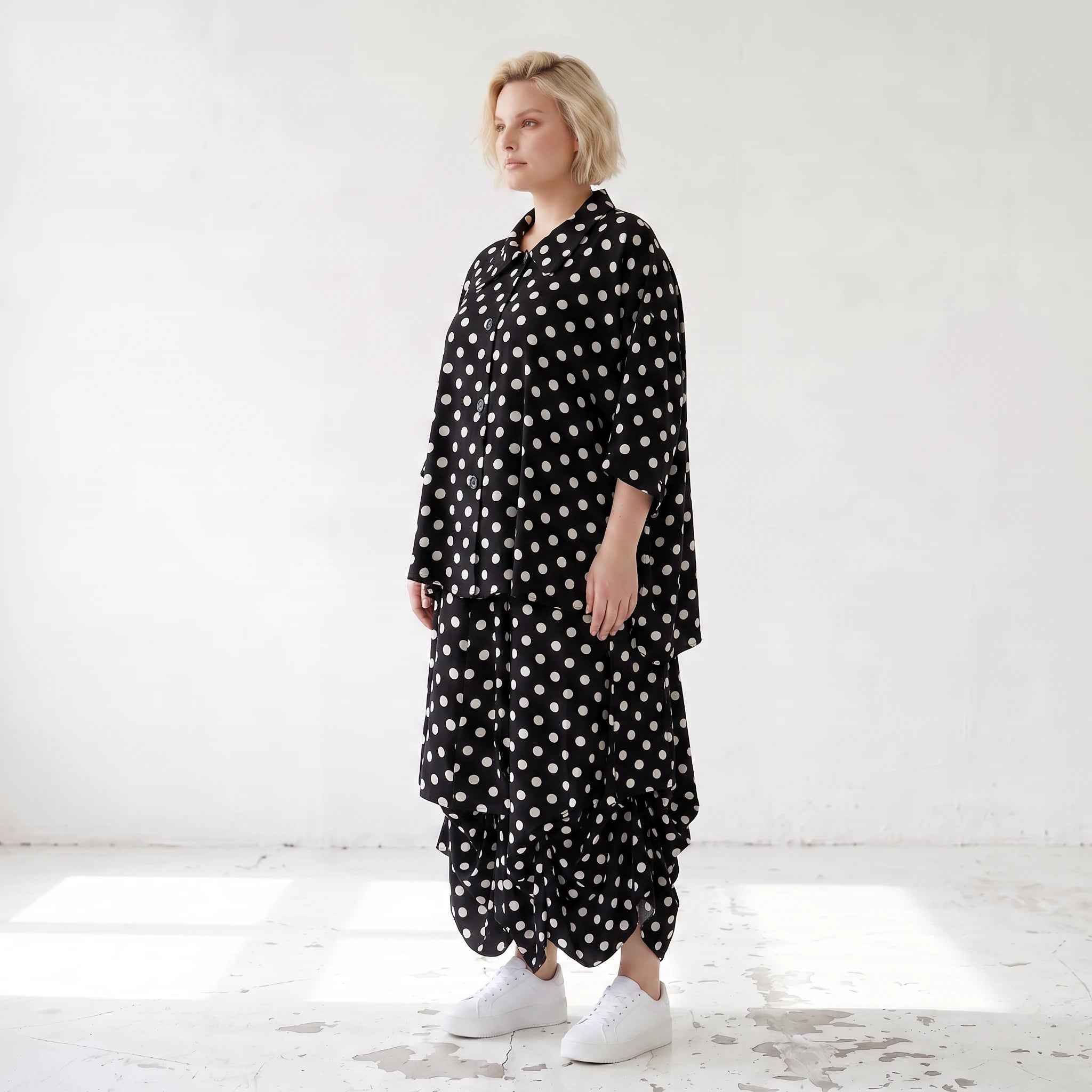 Damen Rock Lagenlook Viskose Schwarz/Weiß, Ballonform, Punkte, Oversize große Größen – AKH Premium