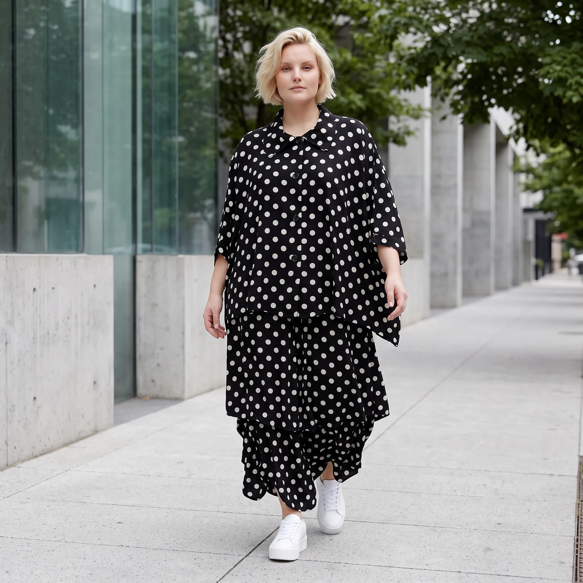 Damen Rock Lagenlook Viskose Schwarz/Weiß, Ballonform, Punkte, Oversize große Größen – AKH Premium