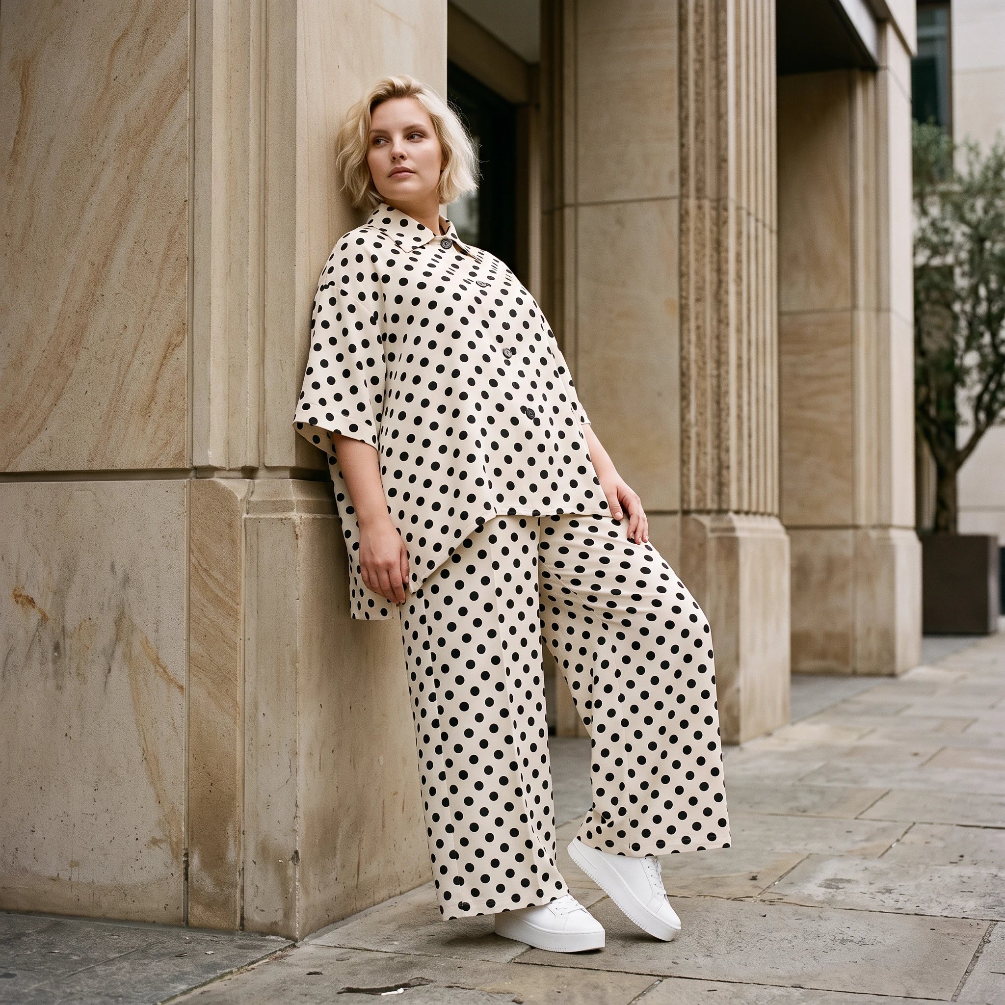 Damen Bluse Lagenlook Viskose Weiß/Schwarz, Punkte, Kurzarm, Knopfleiste, Oversize große Größen – AKH Premium