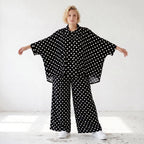 Damen Bluse Lagenlook Viskose Schwarz/Weiß, Punkte, Kurzarm, Knopfleiste, Oversize große Größen – AKH Premium