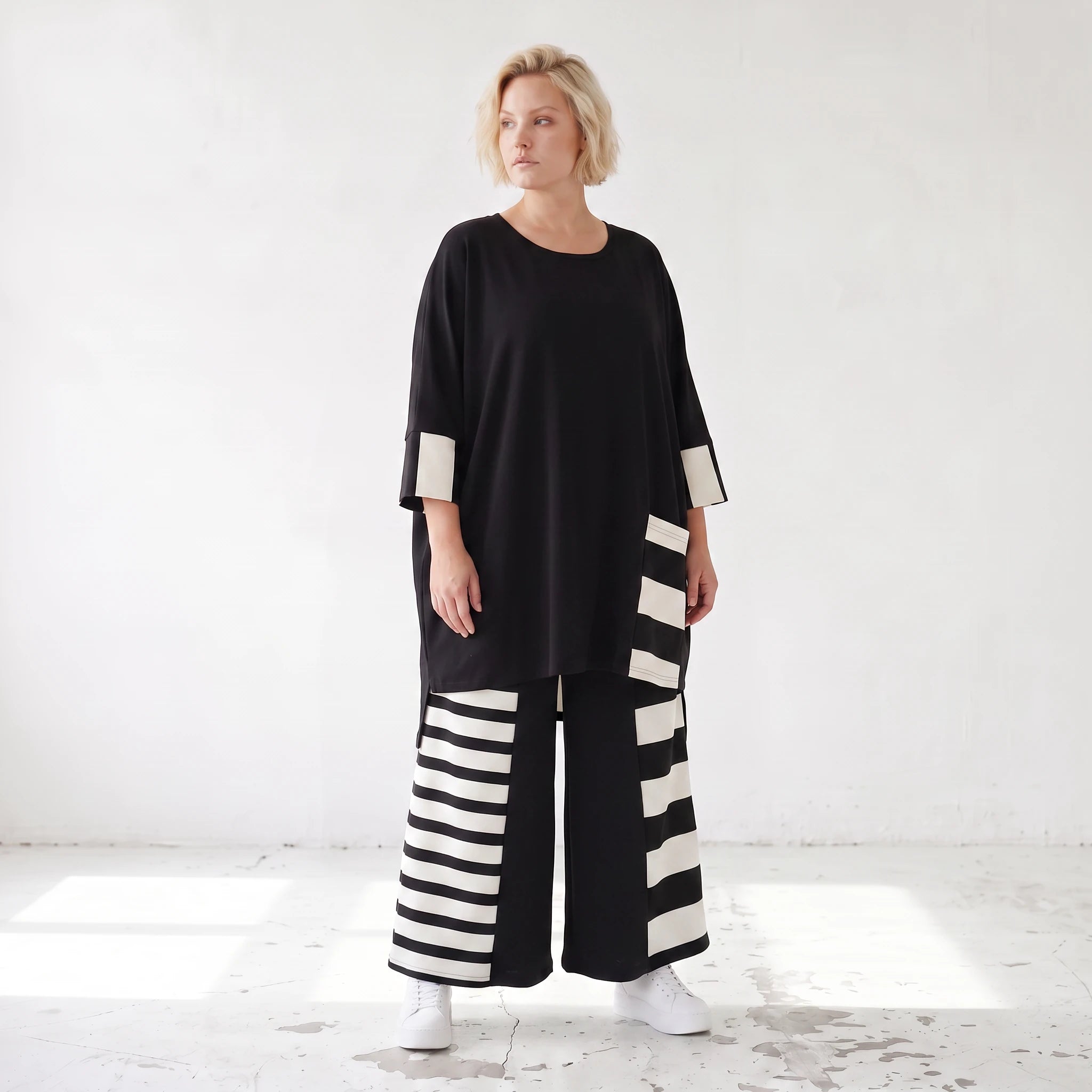 Damen Shirt Lagenlook Rayon Schwarz/Weiß, Vokuhila, Oversize große Größen – AKH Premium