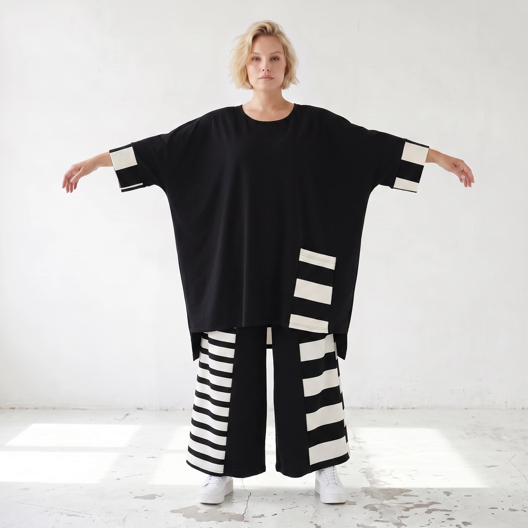 Damen Shirt Lagenlook Rayon Schwarz/Weiß, Vokuhila, Oversize große Größen – AKH Premium