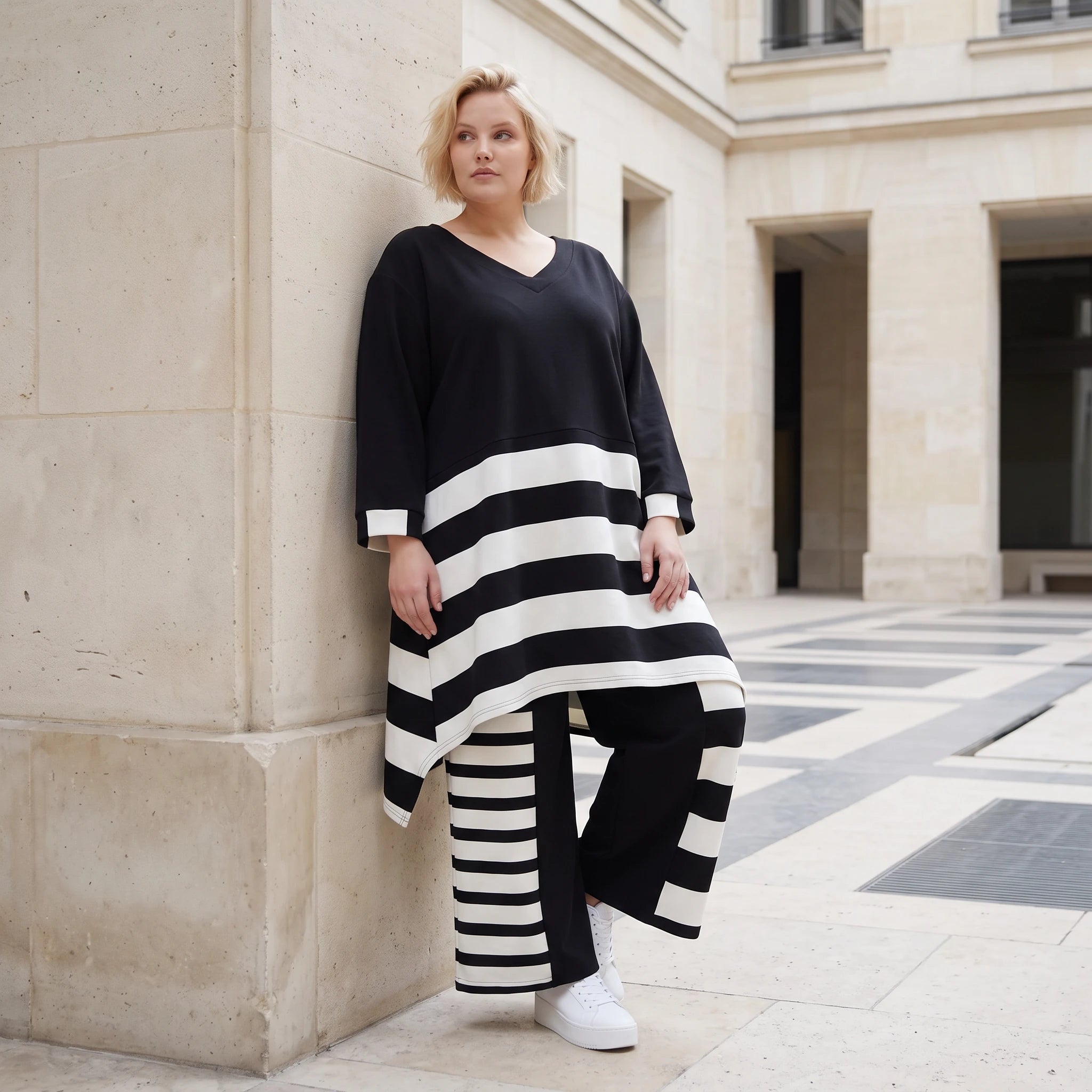 Damen Shirt Lagenlook Rayon Schwarz/Weiß, A-Linie, Oversize große Größen – AKH Premium