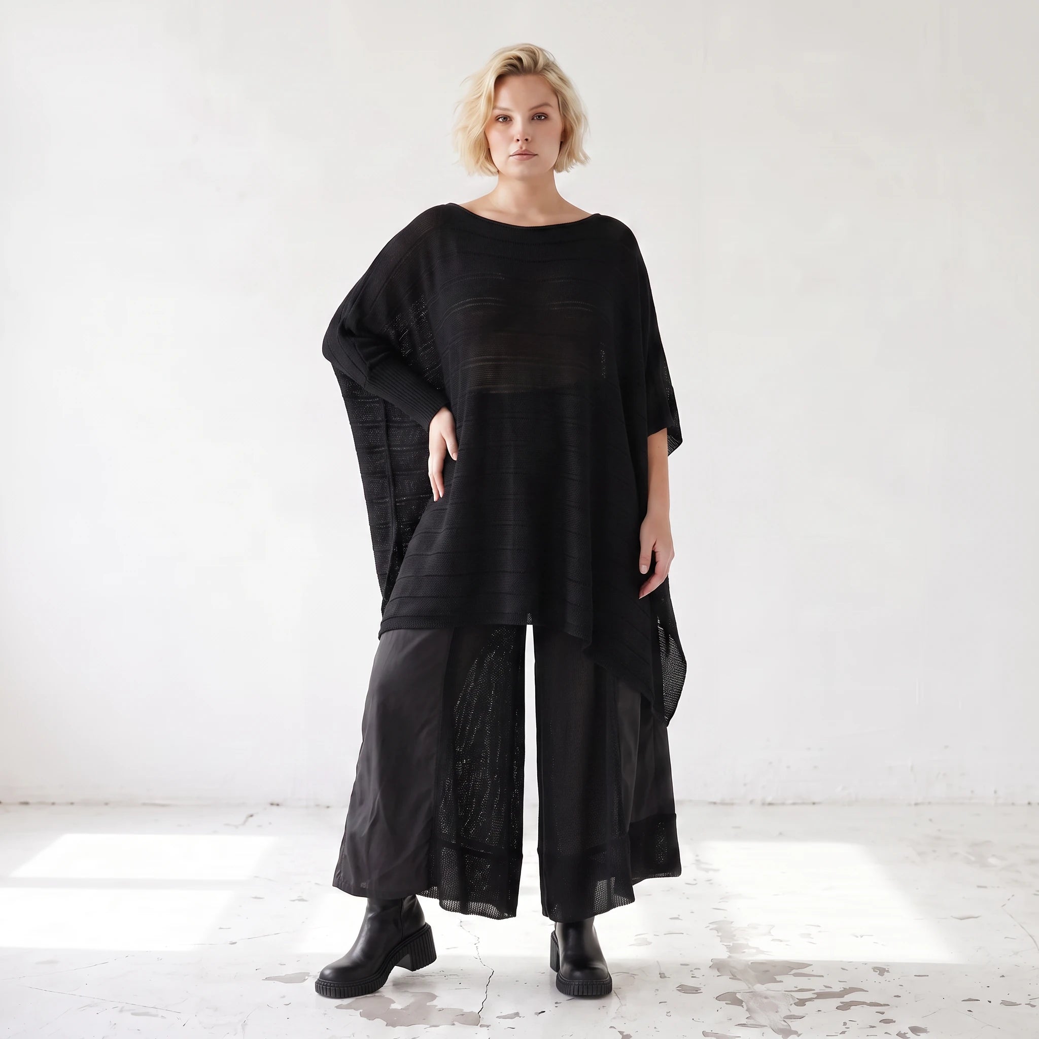 Damen Shirt Lagenlook Baumwolle Schwarz, asymmetrisch, U-Ausschnitt, Oversize große Größen – AKH Premium