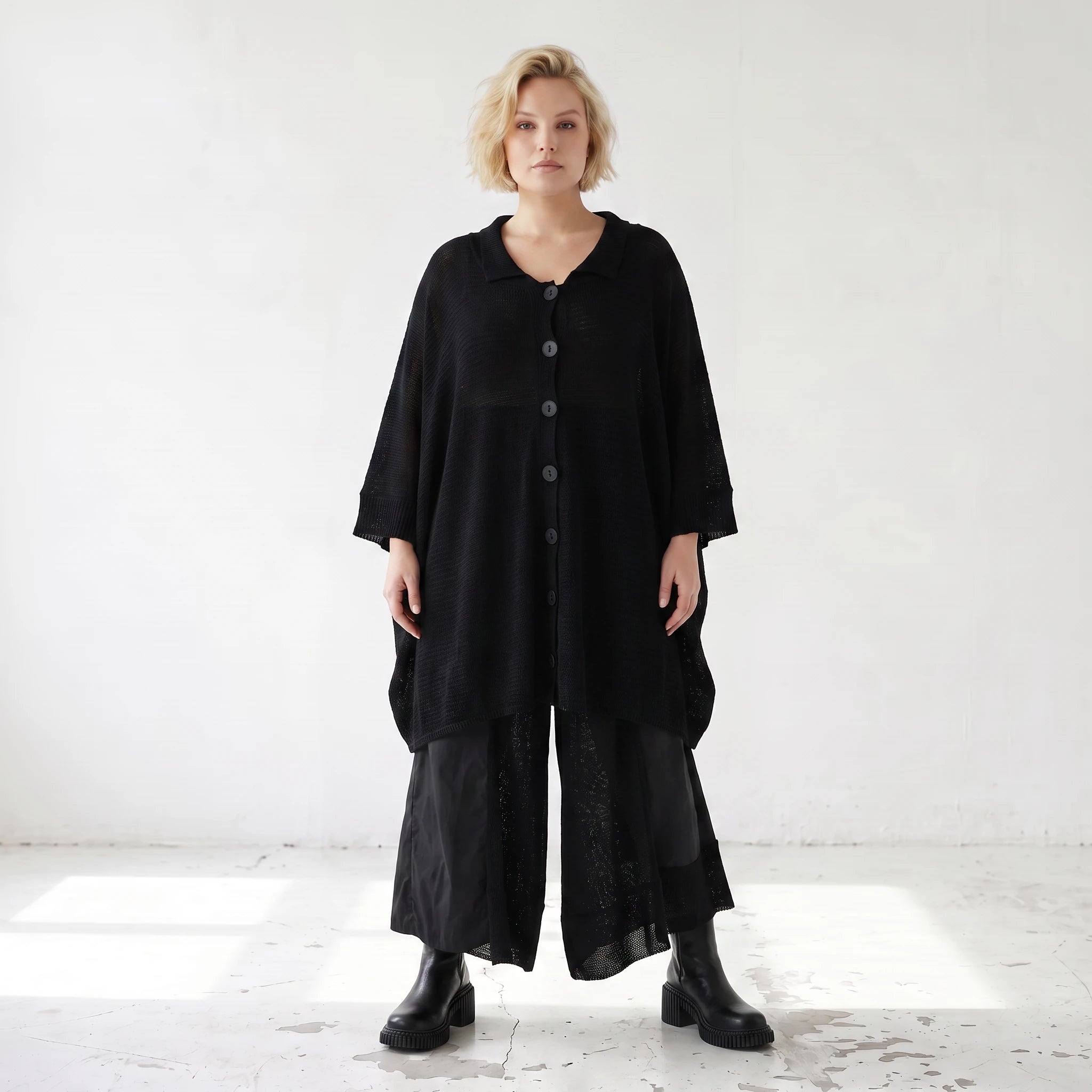 Damen Jacke Lagenlook Baumwolle Schwarz, gerader Schnitt, Langarm, Knopfleiste, Oversize große Größen – AKH Premium