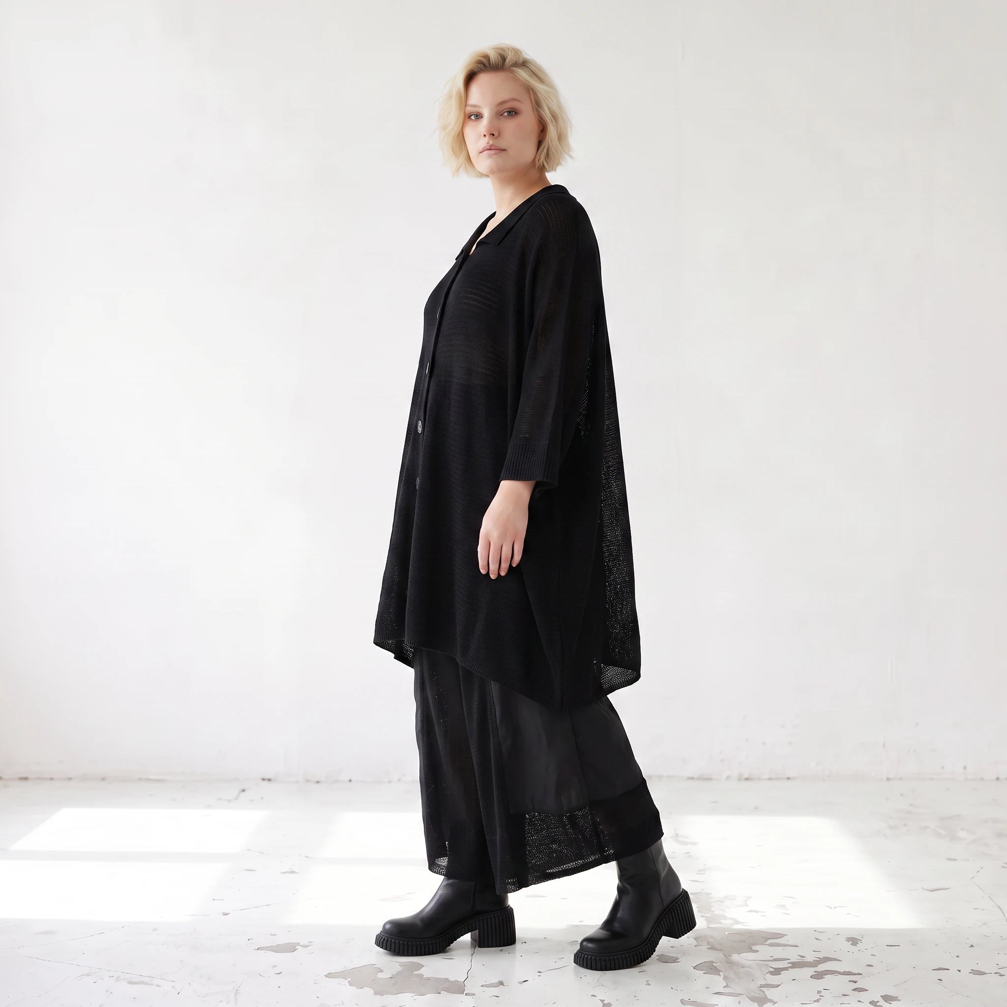 Damen Jacke Lagenlook Baumwolle Schwarz, gerader Schnitt, Langarm, Knopfleiste, Oversize große Größen – AKH Premium