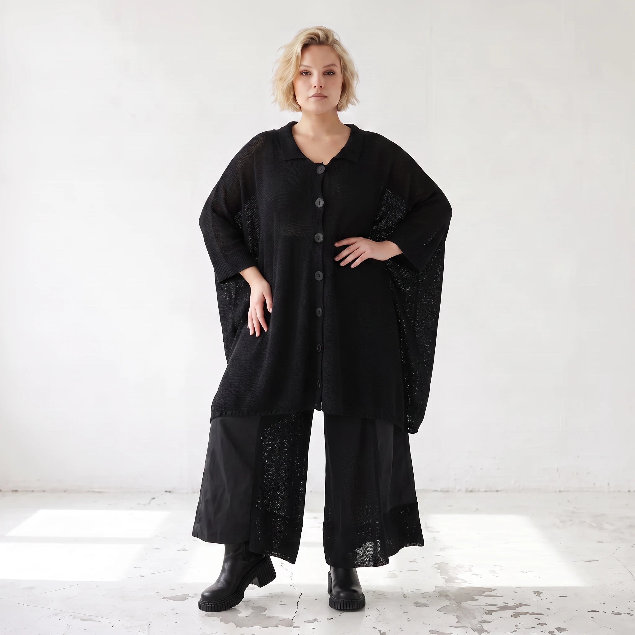 Damen Jacke Lagenlook Baumwolle Schwarz, gerader Schnitt, Langarm, Knopfleiste, Oversize große Größen – AKH Premium