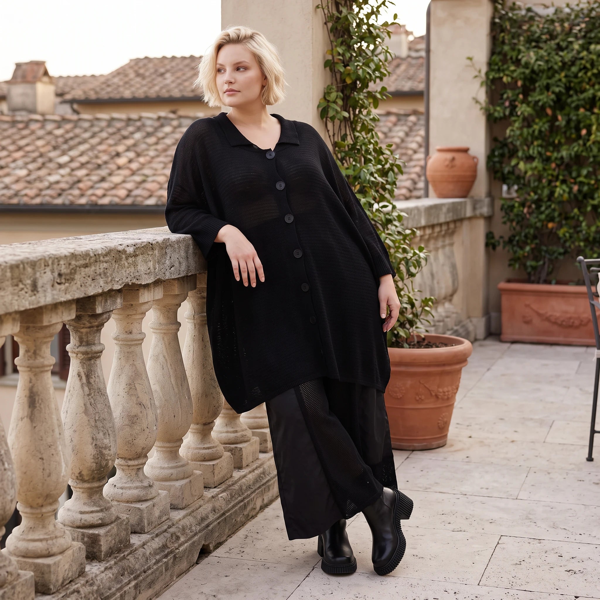 Damen Jacke Lagenlook Baumwolle Schwarz, gerader Schnitt, Langarm, Knopfleiste, Oversize große Größen – AKH Premium