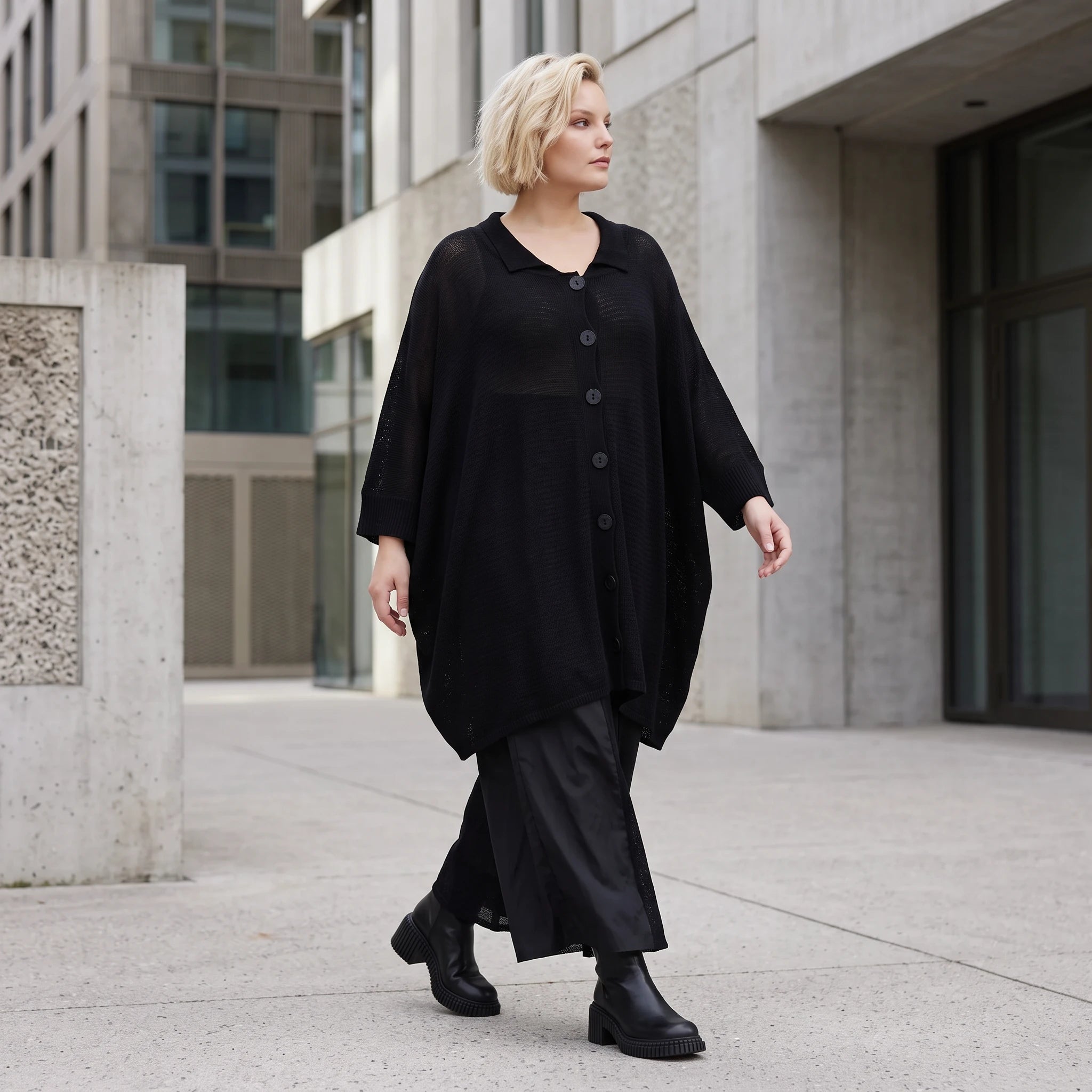Damen Jacke Lagenlook Baumwolle Schwarz, gerader Schnitt, Langarm, Knopfleiste, Oversize große Größen – AKH Premium