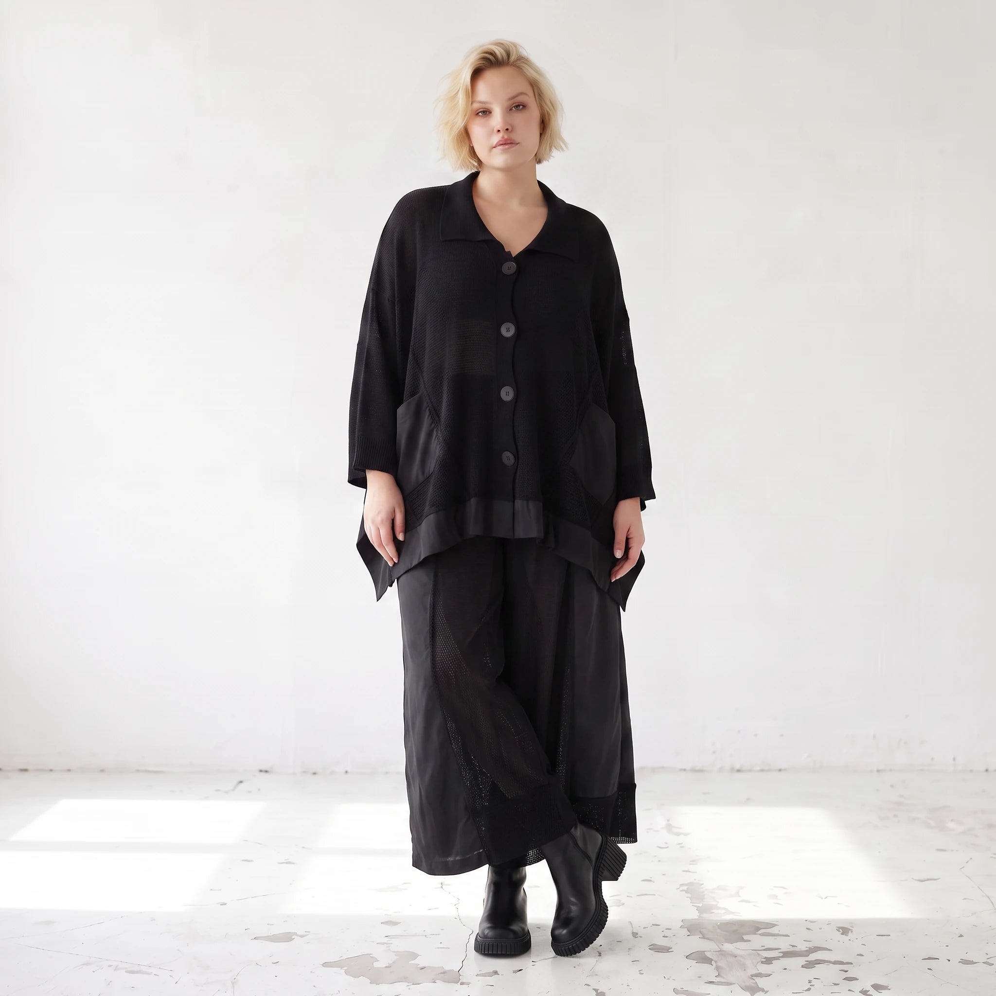 Damen Jacke Lagenlook Baumwolle Schwarz, A-Linie, Knopfleiste, Oversize große Größen – AKH Premium
