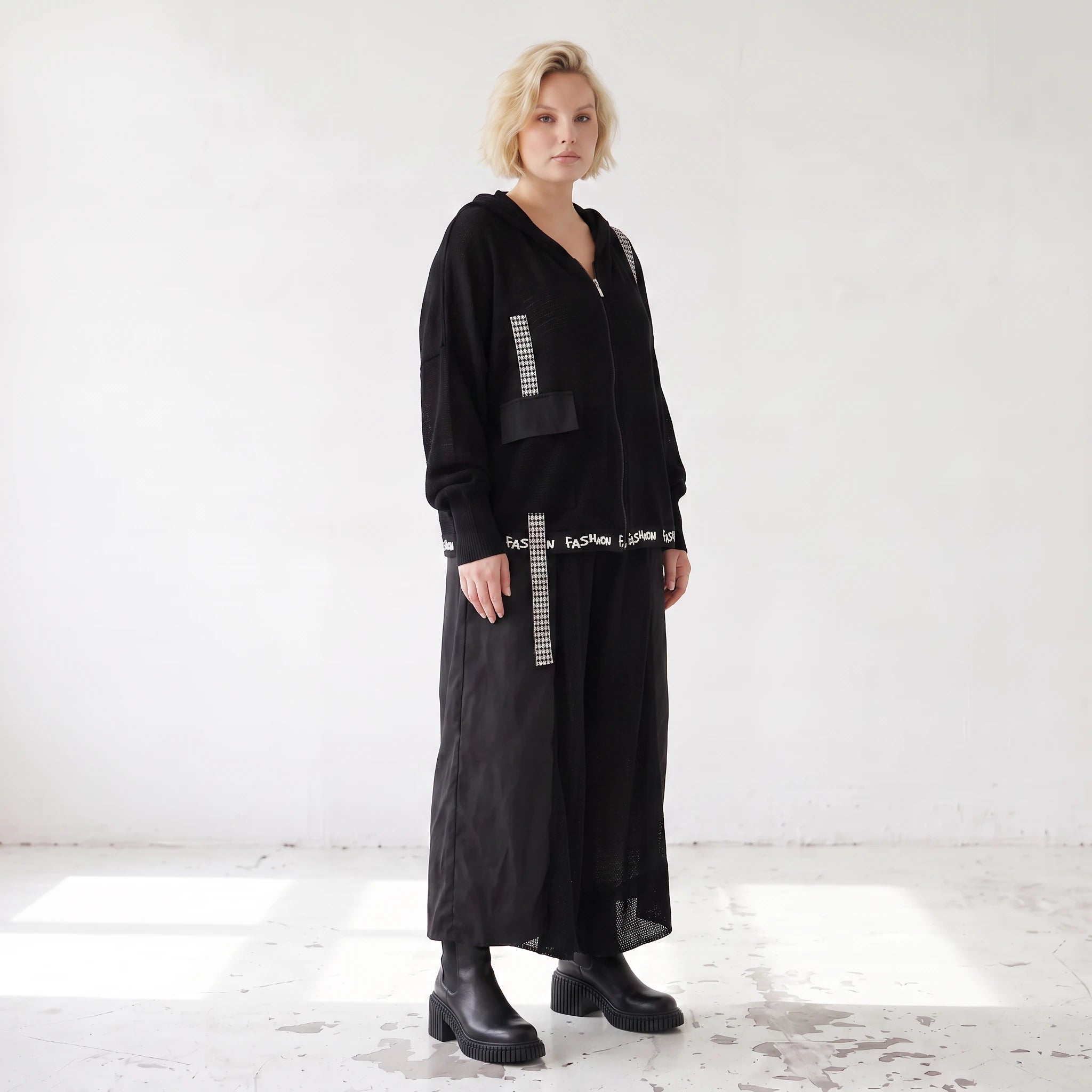 Damen Jacke Lagenlook Baumwolle Schwarz, Kapuze, Oversize große Größen – AKH Premium