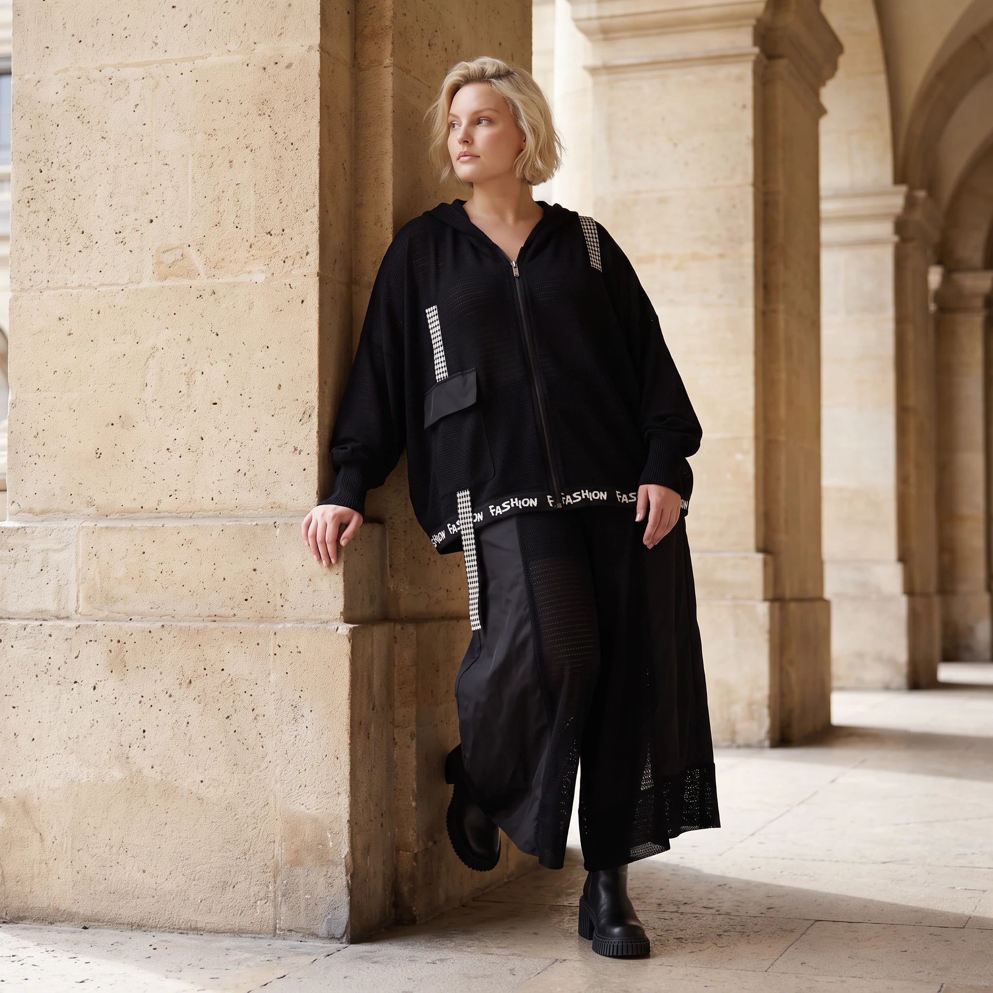 Damen Jacke Lagenlook Baumwolle Schwarz, Kapuze, Oversize große Größen – AKH Premium
