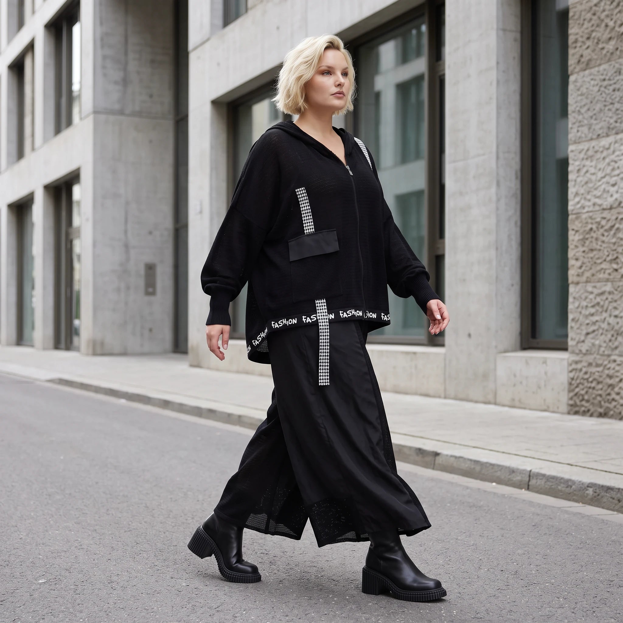 Damen Jacke Lagenlook Baumwolle Schwarz, Kapuze, Oversize große Größen – AKH Premium