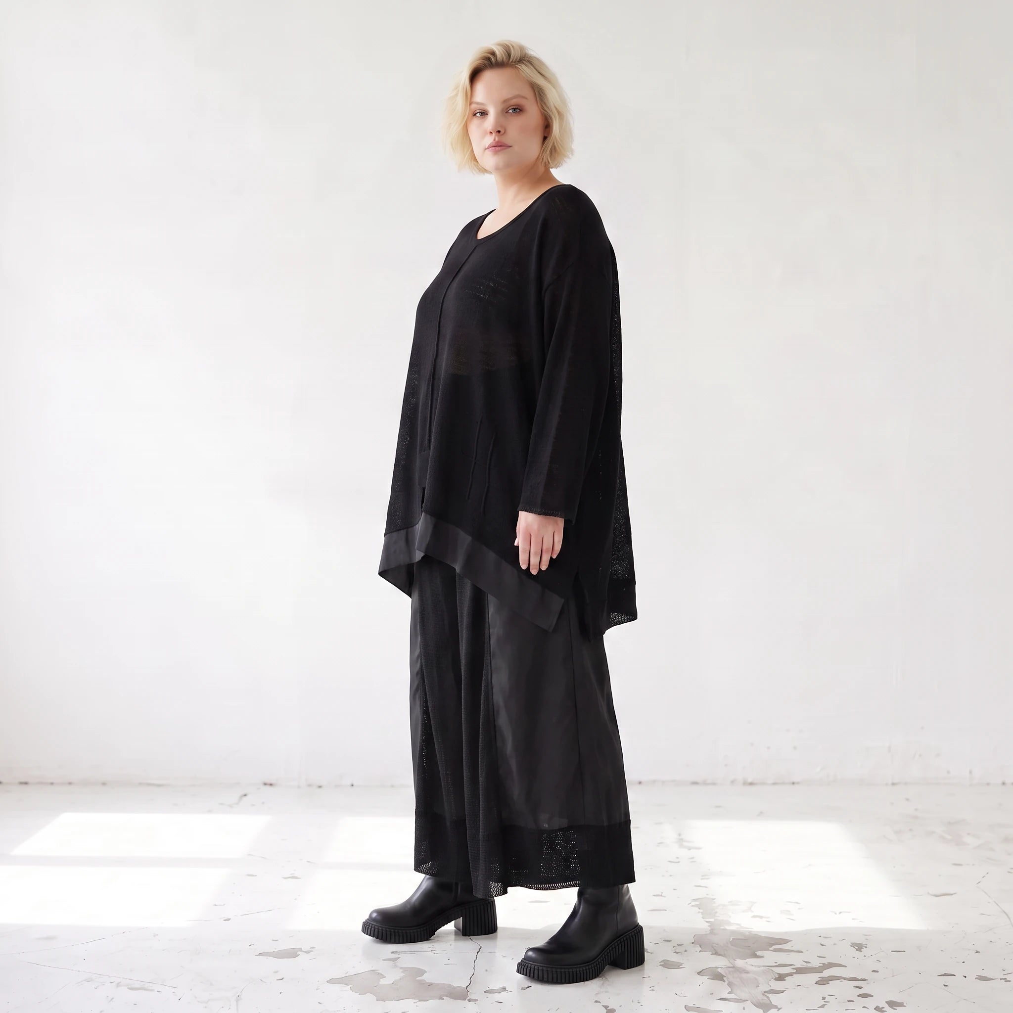 Damen Shirt Lagenlook Baumwolle Schwarz, A-Linie, Langarm, Oversize große Größen – AKH Premium