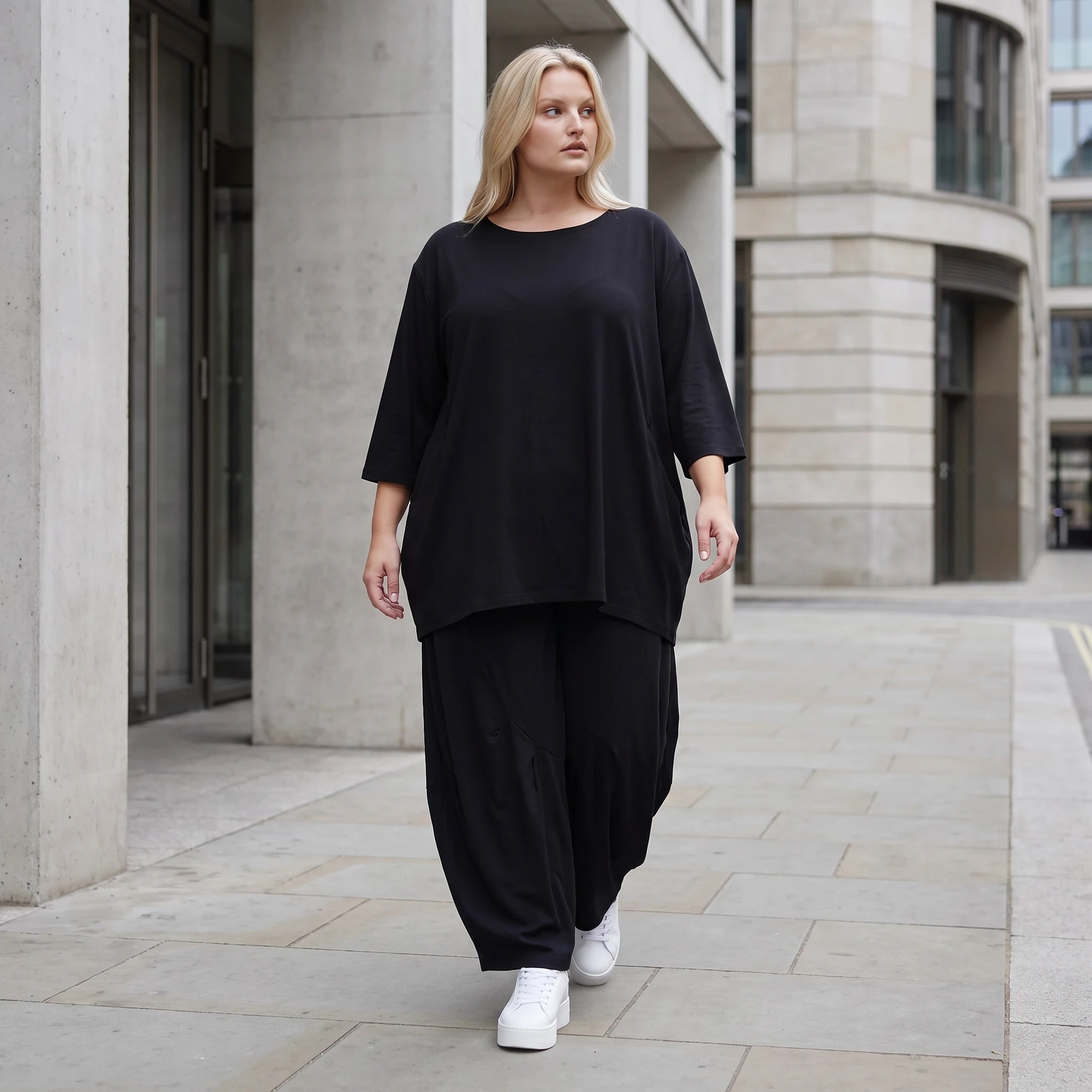 Damen Shirt Lagenlook Lyocell Schwarz, A-Linie, 3/4-Arm, Oversize große Größen – AKH Premium