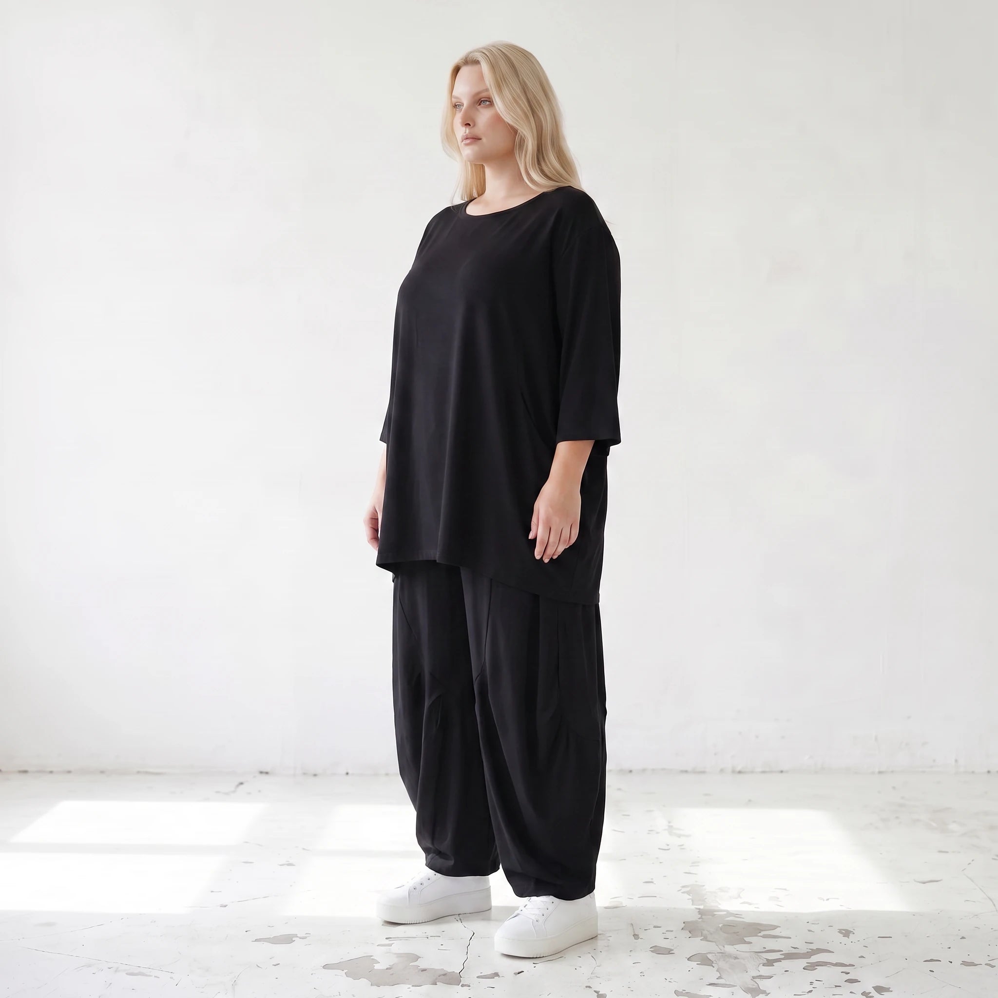 Damen Shirt Lagenlook Lyocell Schwarz, A-Linie, 3/4-Arm, Oversize große Größen – AKH Premium