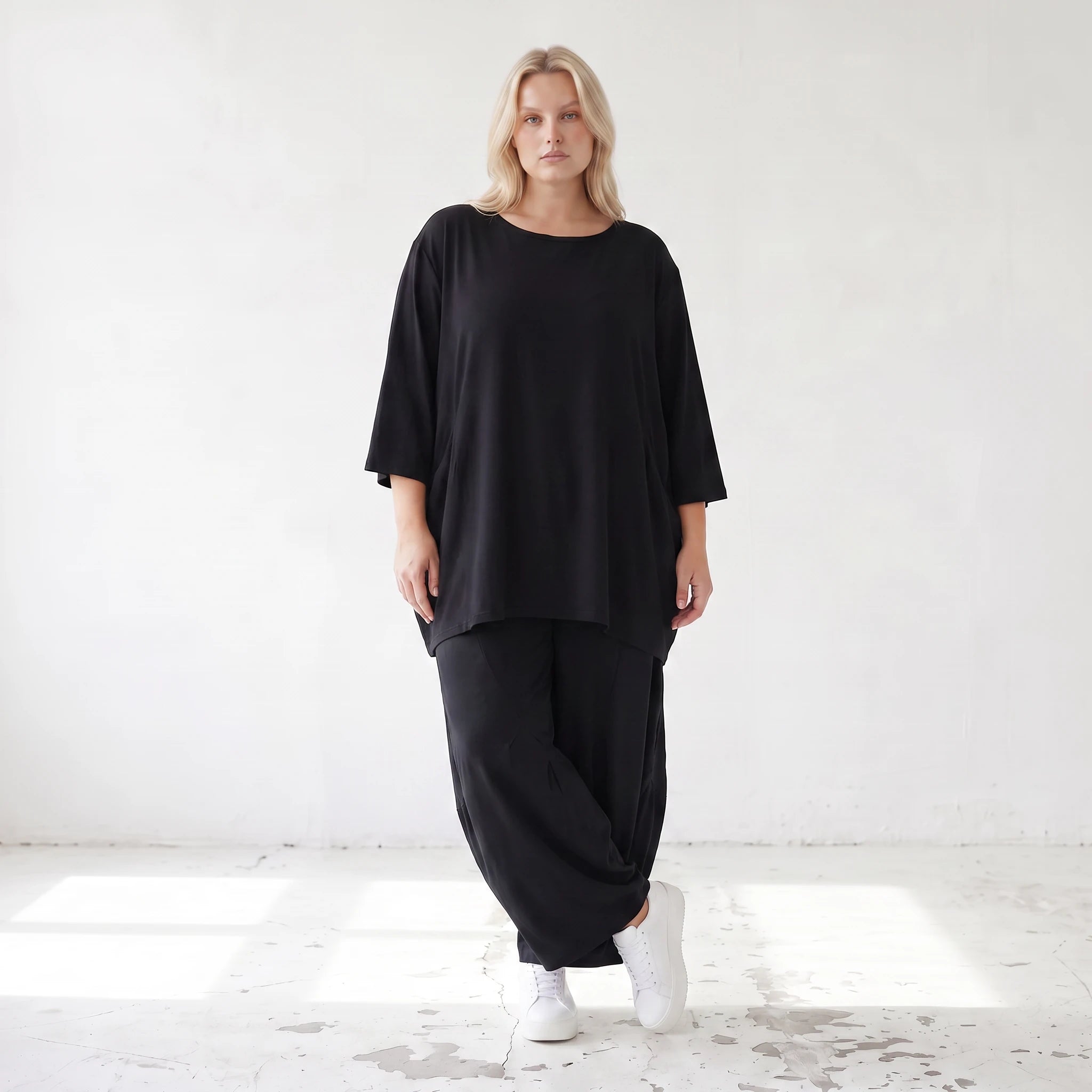 Damen Shirt Lagenlook Lyocell Schwarz, A-Linie, 3/4-Arm, Oversize große Größen – AKH Premium