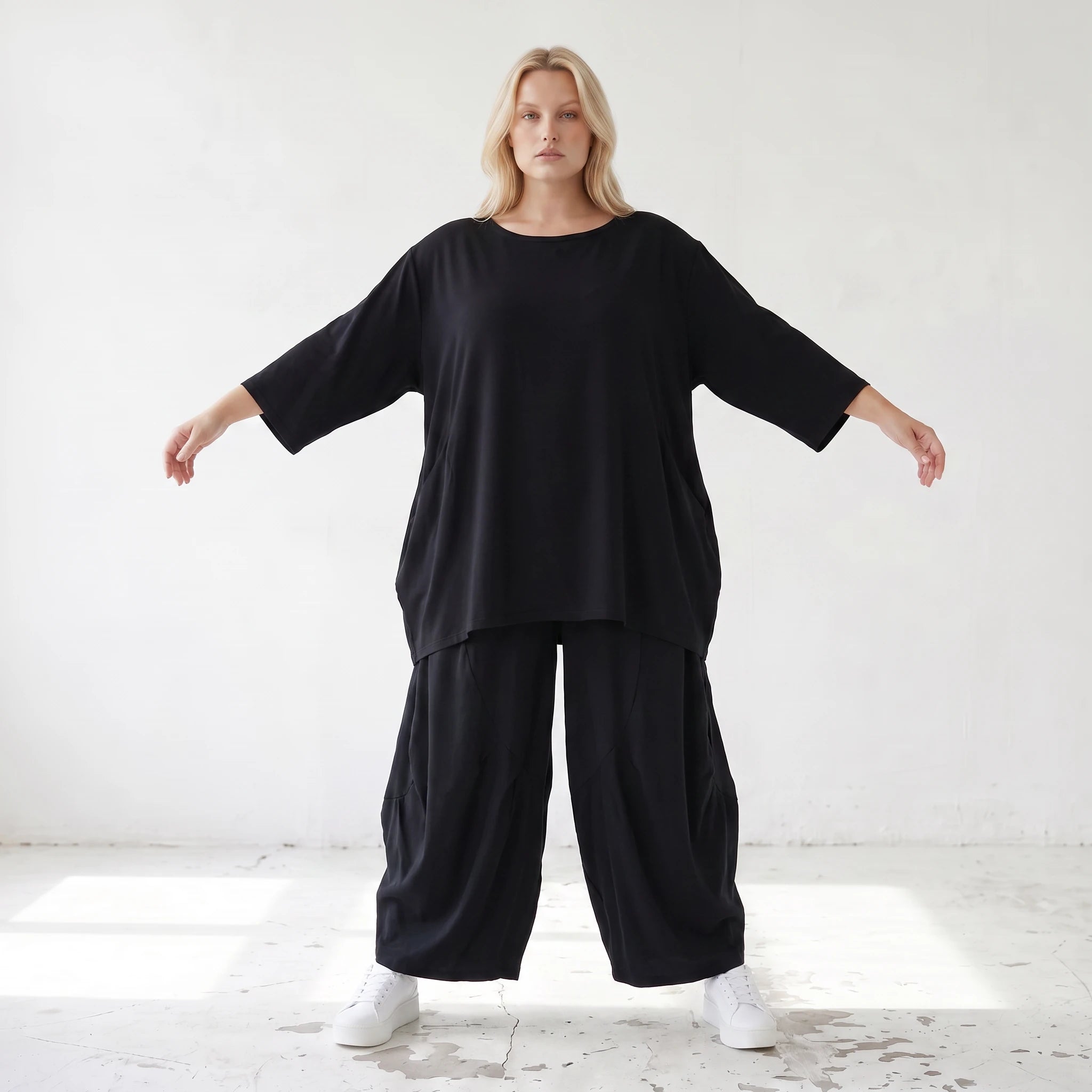 Damen Shirt Lagenlook Lyocell Schwarz, A-Linie, 3/4-Arm, Oversize große Größen – AKH Premium