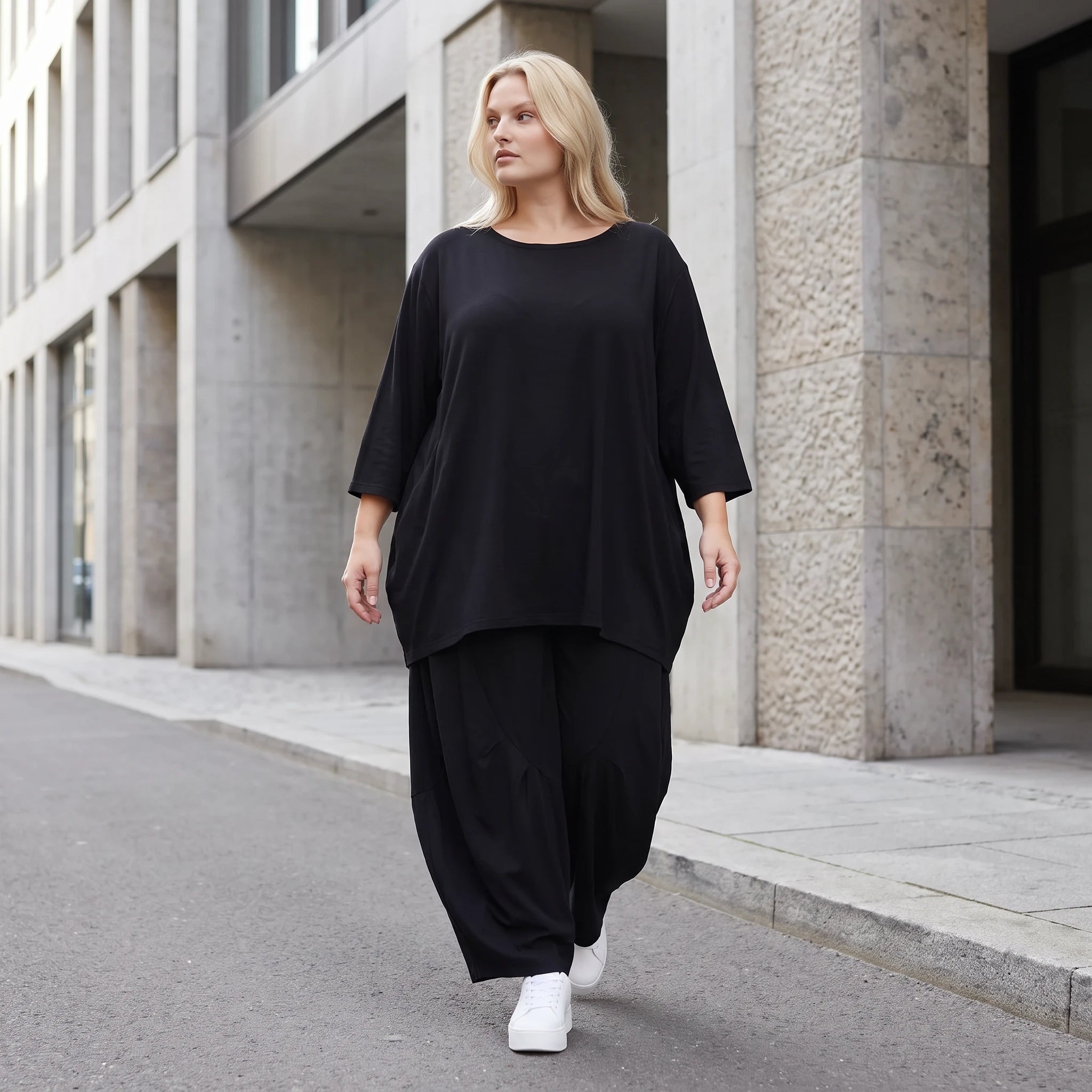 Damen Shirt Lagenlook Lyocell Schwarz, A-Linie, 3/4-Arm, Oversize große Größen – AKH Premium