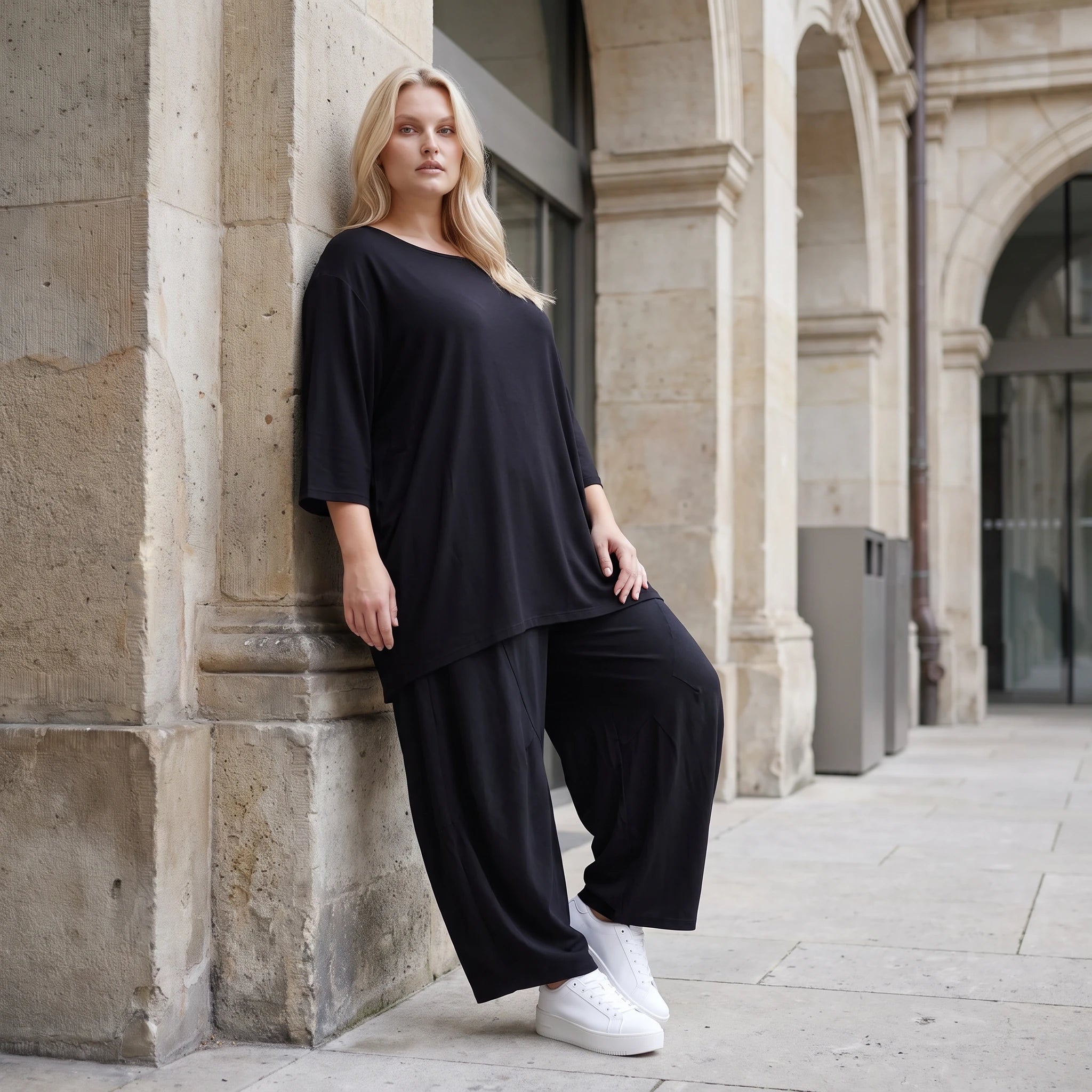 Damen Shirt Lagenlook Lyocell Schwarz, A-Linie, 3/4-Arm, Oversize große Größen – AKH Premium
